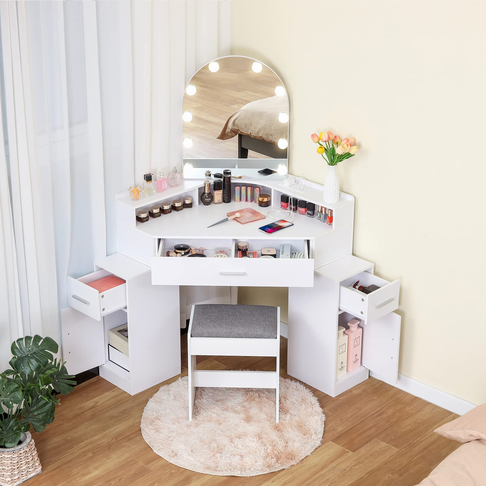 White Vanity Desk with Mirror, Lights & Charging Station - 3 Drawers, Retractable Cabinets & Cushioned Stool - Makeup Dressing Table for Bedroom, Home Office & Christmas Gifts