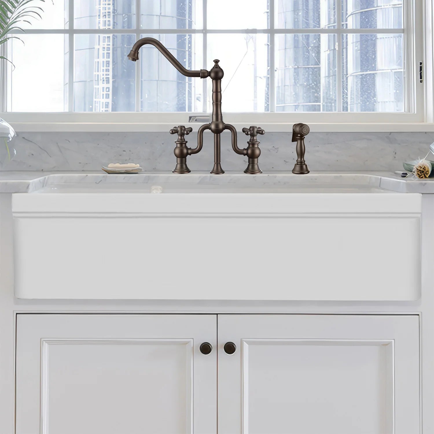 Glencove Fireclay 42-Inch Large Double Bowl Reversible Farmhouse Kitchen Sink with Beveled Front Apron - Perfect for Modern Farmhouse, Rustic, and Traditional Kitchen Designs
