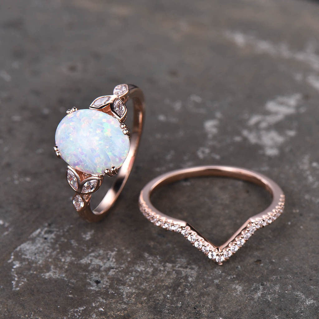 Opal Wedding Ring Set - White Fire Opal Floral Engagement Ring & Rose Gold Plated Curve Wedding Band - Unique Silver Bridal Jewelry for Women - Perfect for Proposals, Anniversaries & Romantic Occasions