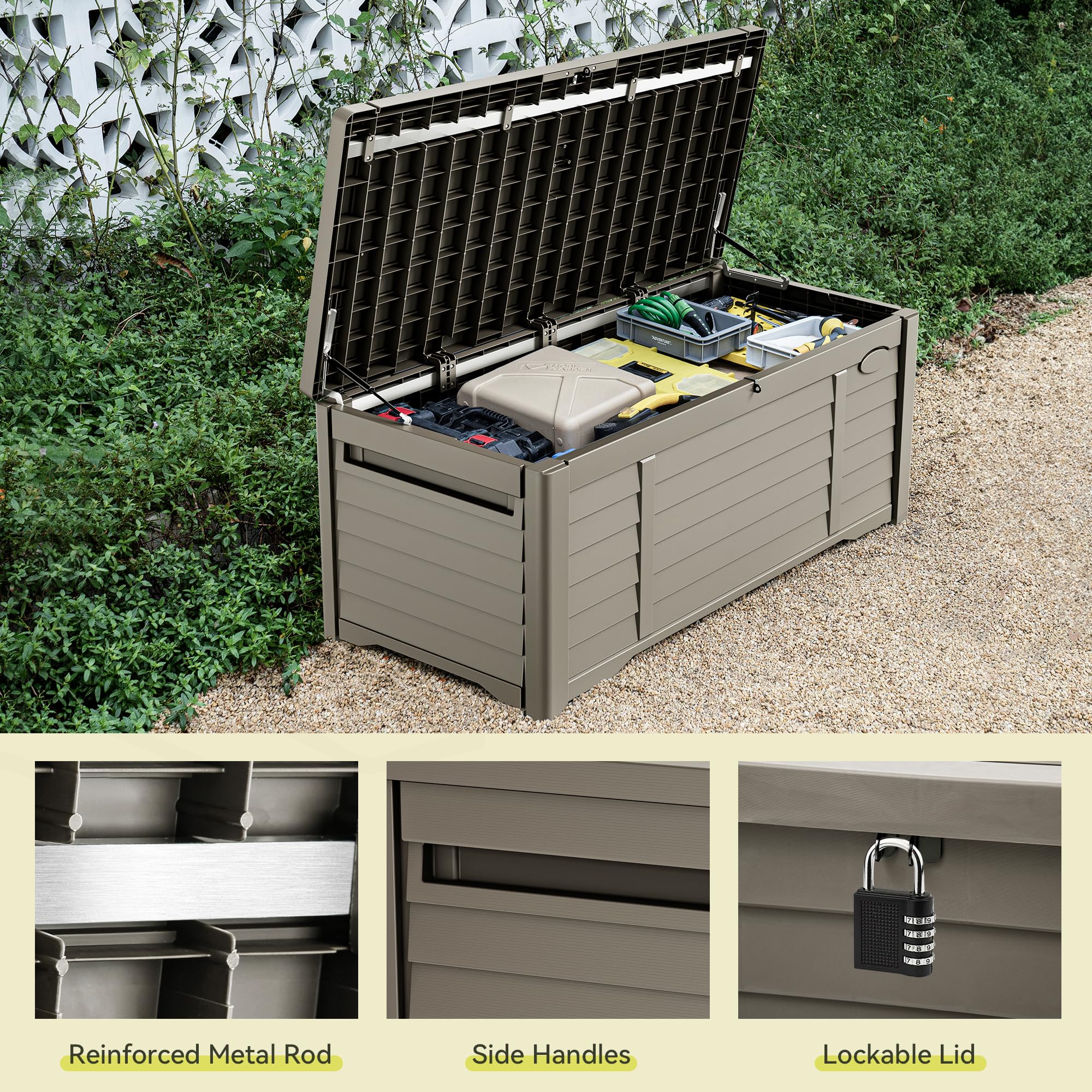 YITAHOME 120 Gallon Large Outdoor Storage Deck Box - Waterproof Patio Furniture with Lockable Lid for Pool Supplies, Garden Tools, Cushions - Durable Resin Storage Bench (Taupe) | Perfect for Backyard, Deck, Poolside & Garden Organization