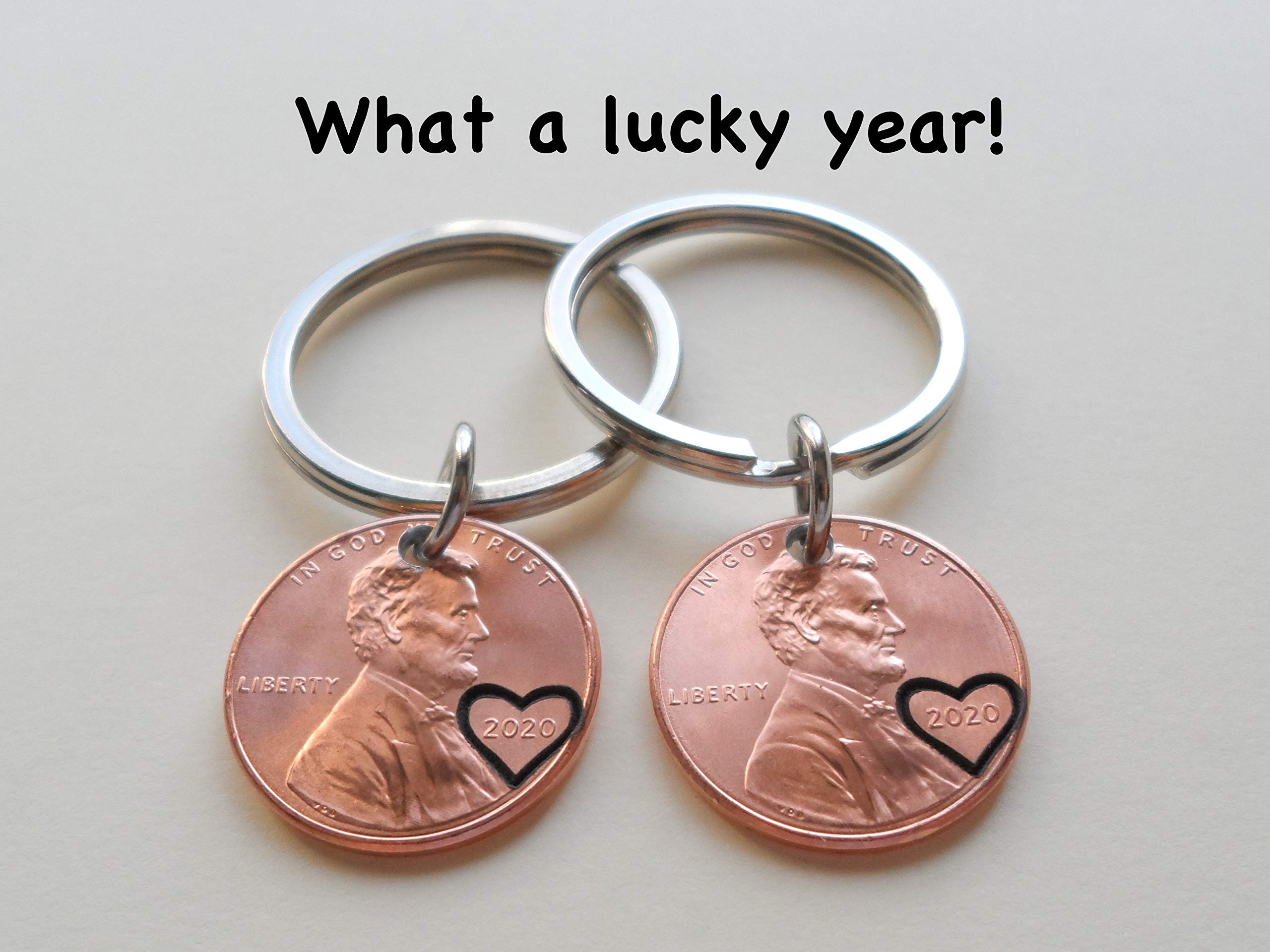 2020 US One Cent Double Heart Keychain Set - Commemorative Couples Keyrings for 5 Year Anniversary, Romantic Gifts for Him & Her - Perfect for Valentine's Day, Weddings and Relationship Milestones
