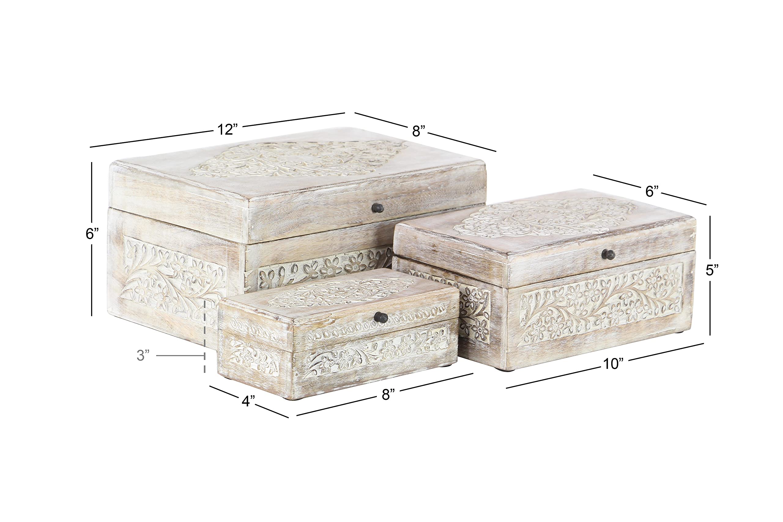Mango Wood Floral Decorative Box Set of 3 - Storage for Home Decor