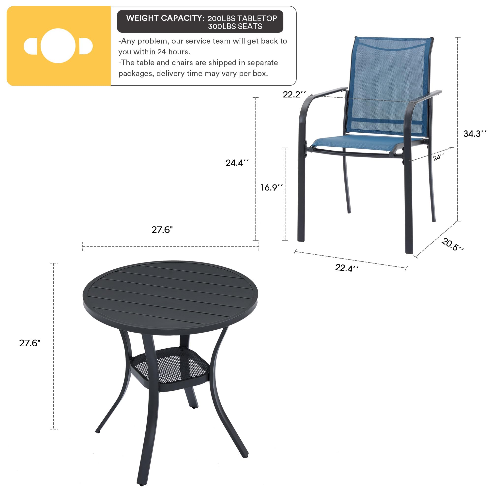 VICLLAX 3-Piece Outdoor Dining Set for 2 - Small Round Bistro Table & 2 Stackable Chairs, Black Table with Blue Chairs - Perfect for Patio, Garden, Balcony or Small Outdoor Spaces
