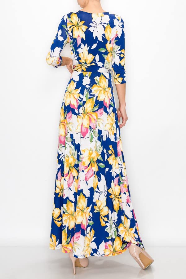 Women's Super Stretchy Maxi Party Dress - Floral Print Wrap V-Neck 3/4 Sleeve Spring Summer Cocktail Dress for Weddings, Dinners & Special Occasions