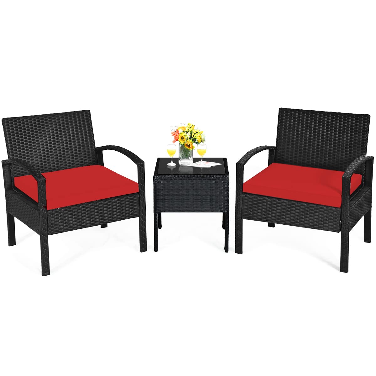 Tangkula 3-Piece Outdoor Patio Conversation Set - Wicker Rattan Sofa with Cushions & Coffee Table - Garden, Balcony, Backyard, Poolside Furniture (Red) - Perfect for Relaxing, Entertaining & Outdoor Lounging