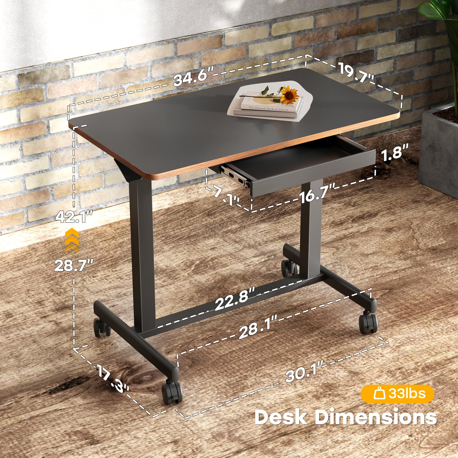 JOY Worker 35In Small Mobile Standing Desk with Drawer - Pneumatic Height Adjustable (Up to 33lbs Capacity) - Dual Handles & Columns - Black - Perfect for Home Office, Small Spaces & Remote Work