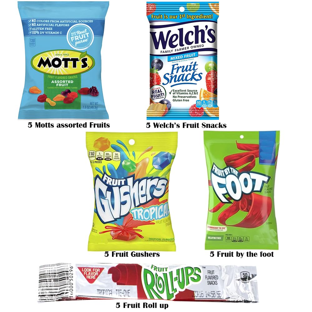 Welch's Assorted Fruit Snacks & Gummies Variety Pack - 25 Individually Wrapped Packs with Gushers, Fruit by the Foot & Fruit Roll-Ups | Perfect for Parties, Office Treats, Graduation Gifts, Exam Snacks & Family Sharing | Great for Kids, Coworkers & Friends | Home, School & Workplace Snack Solution