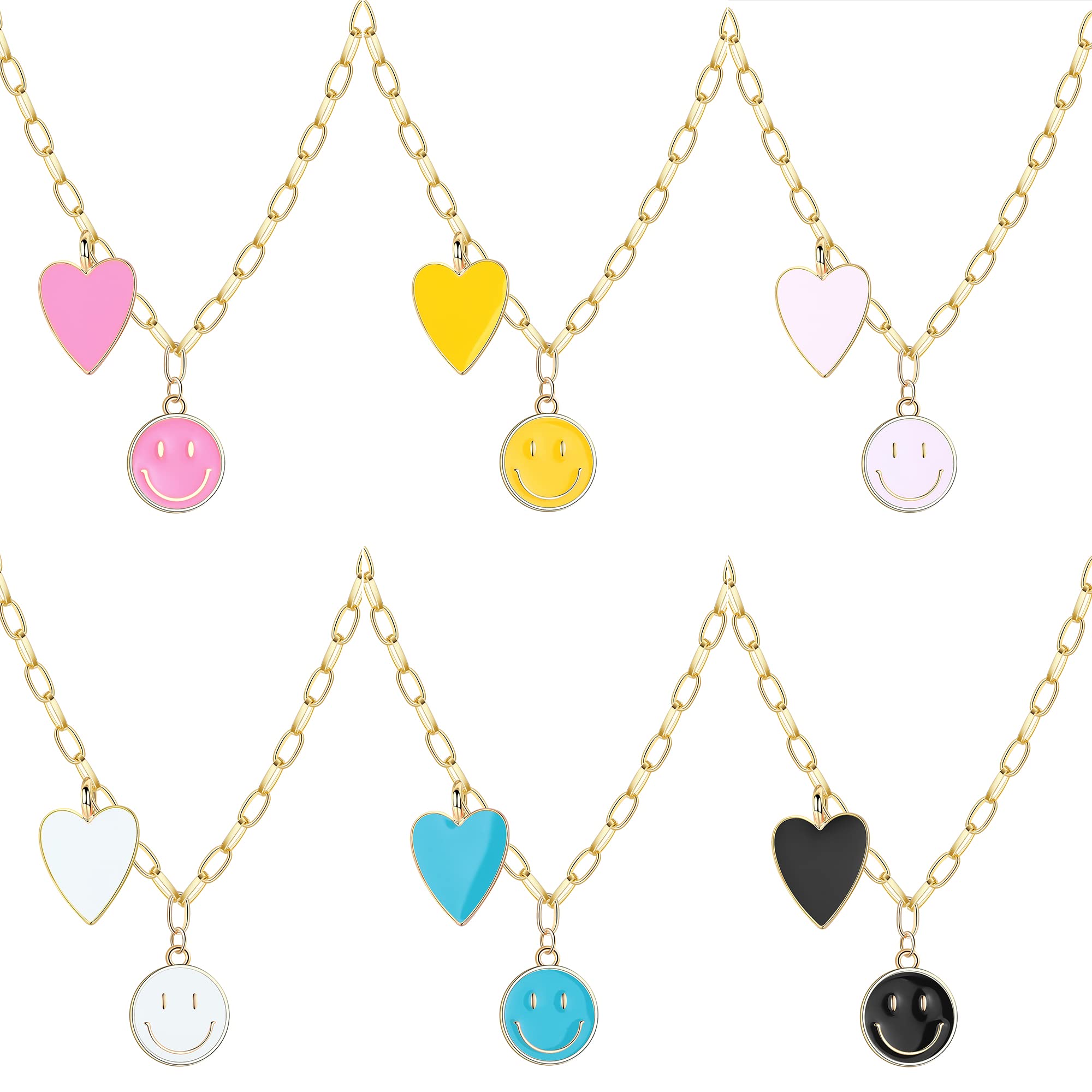 Hanreshe 6-Piece Smiley Face Necklace Set for Women & Girls - 14K Gold Plated Heart & Round Paperclip Pendants, Stainless Steel Choker - Perfect for Casual Wear, Gifts & Preppy Style Accessories