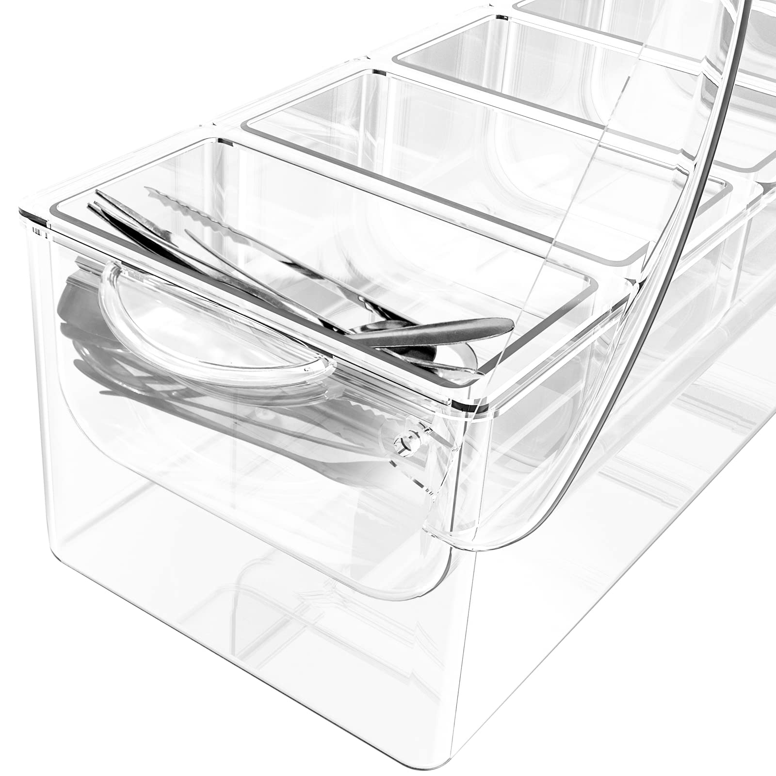 5-Compartment Condiment Server with Lid - Clear Ice Chilled Serving Tray for Parties, BBQs & Entertaining - Includes 5 Spoons, 5 Fruit Forks & 2 Tongs - Perfect for Dips, Sauces & Chilled Desserts