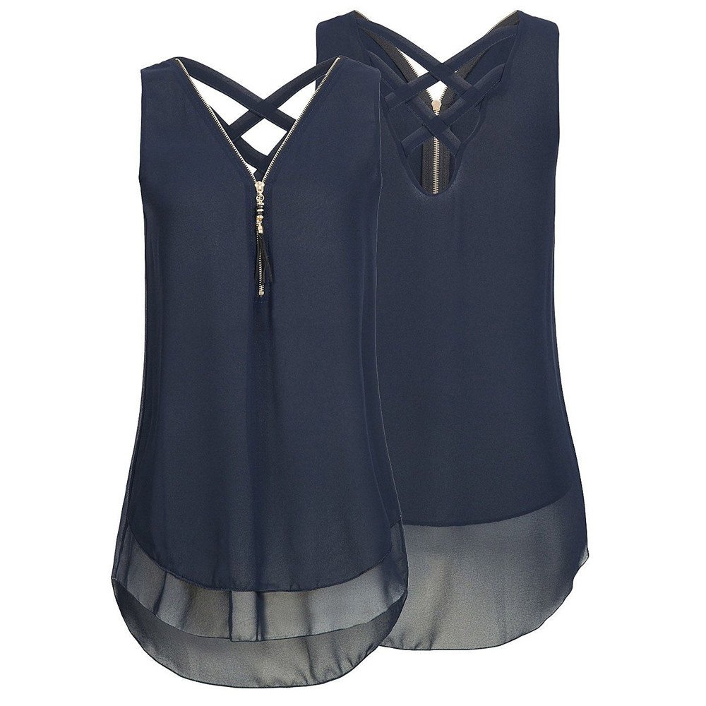 Women's Loose Sleeveless Cross Back Tank Top with V-Neck & Layered Hem - Casual Summer Tops for Beach, Yoga, and Everyday Wear