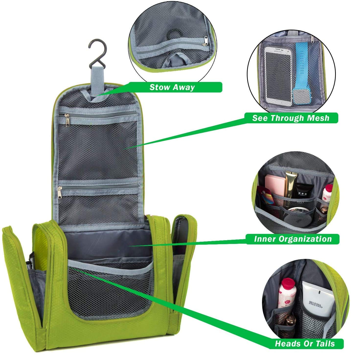 Waterproof Hanging Travel Toiletry Bag for Women & Men - Large Bathroom Organizer with Multiple Pockets - Perfect for Makeup, Shampoo & Essentials - Ideal for Camping, Gym & Airplane Travel (Green)