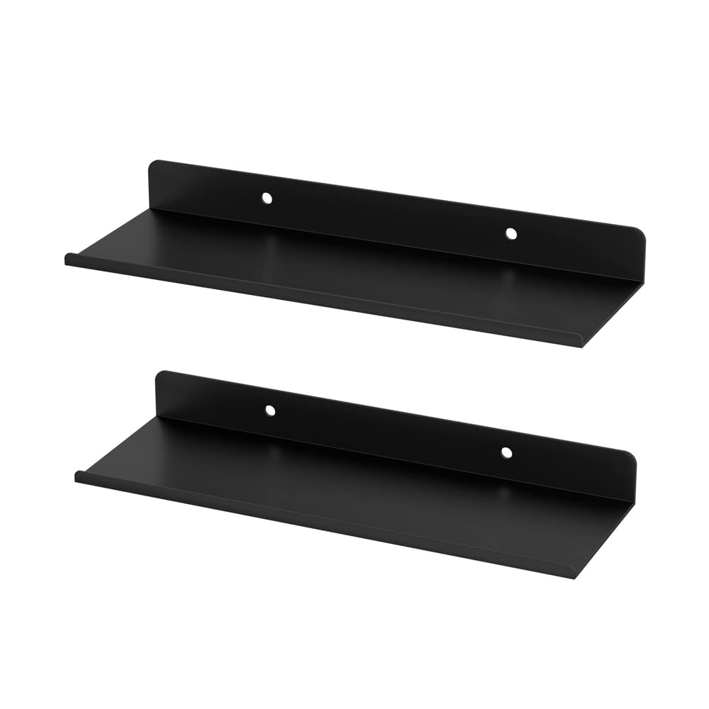 Modern Black Metal Floating Shelves - 2 Pack Wall Mounted Stainless Steel Shelf Organizer for Bathroom, Kitchen, Living Room & Bedroom Storage & Display