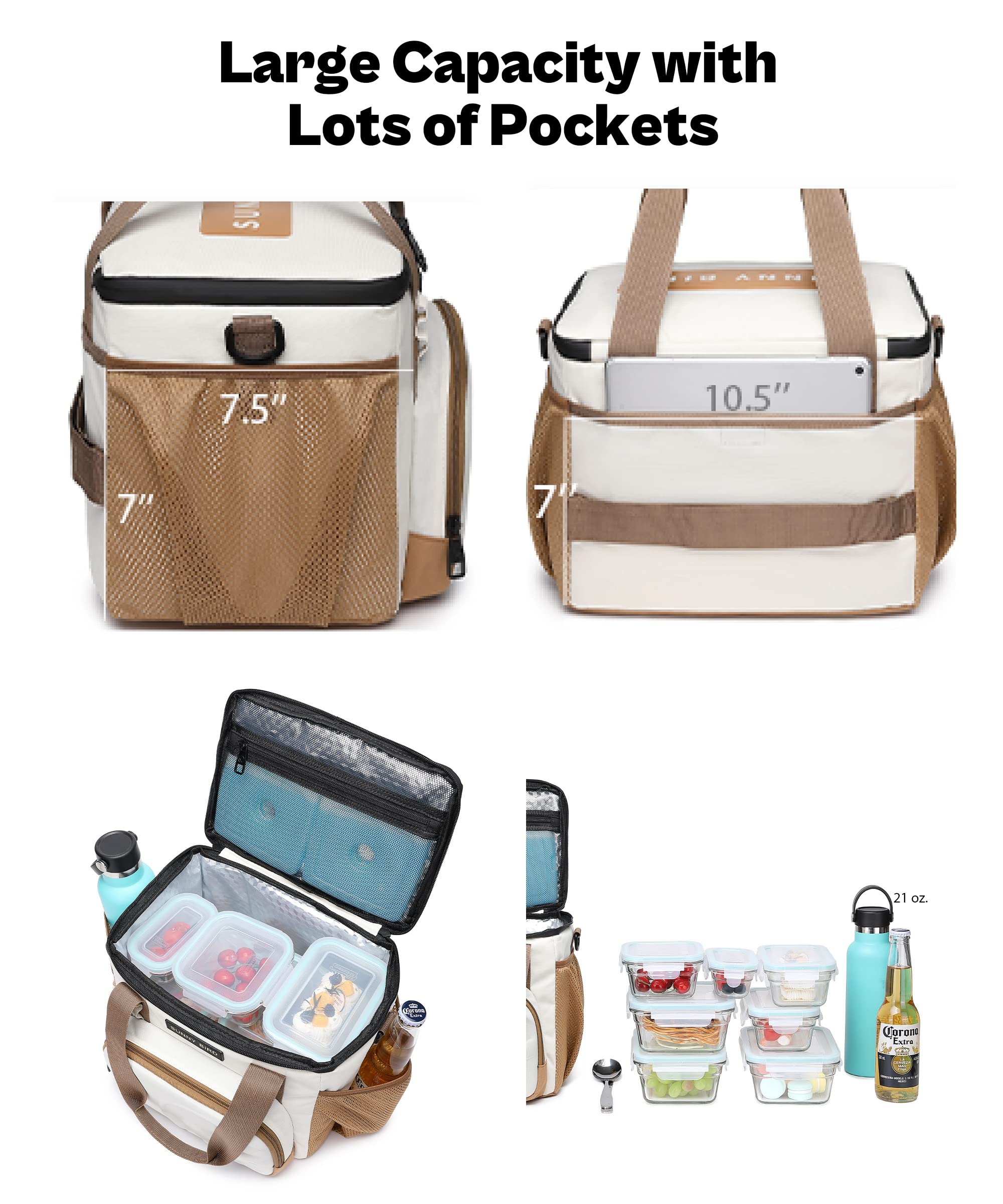 12L Large Insulated Lunch Bag for Adults - Leakproof & Foldable Cooler Box Fits 18 Cans | SUNNY BIRD Ivory White | Perfect for Office, School, Picnics & Outdoor Activities