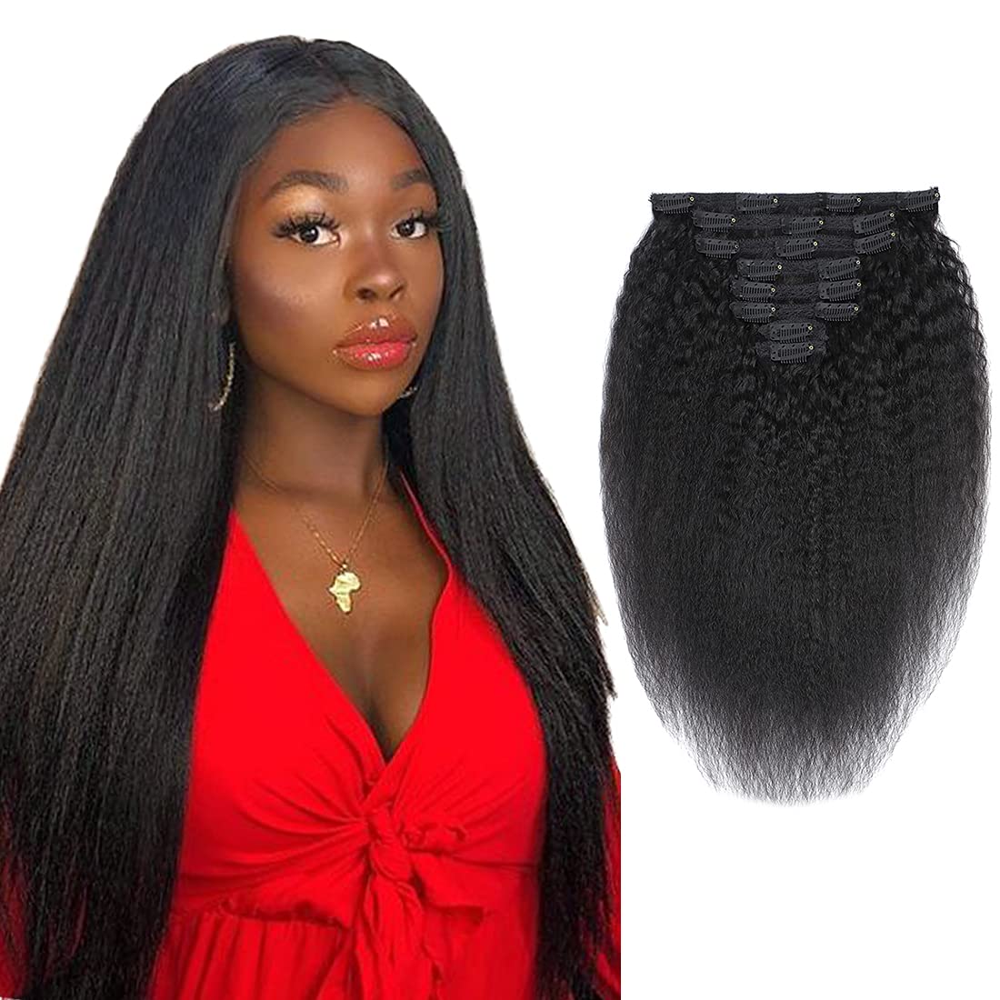 Clip in Hair Extensions 100% Unprocessed Human Hair - Kinky Straight Wavy Yaki Thick 8-Piece Set (22 Inch, 135g) with 18 Clips for Full Head Volume | Perfect for Daily Styling, Special Occasions & Protective Hairstyles