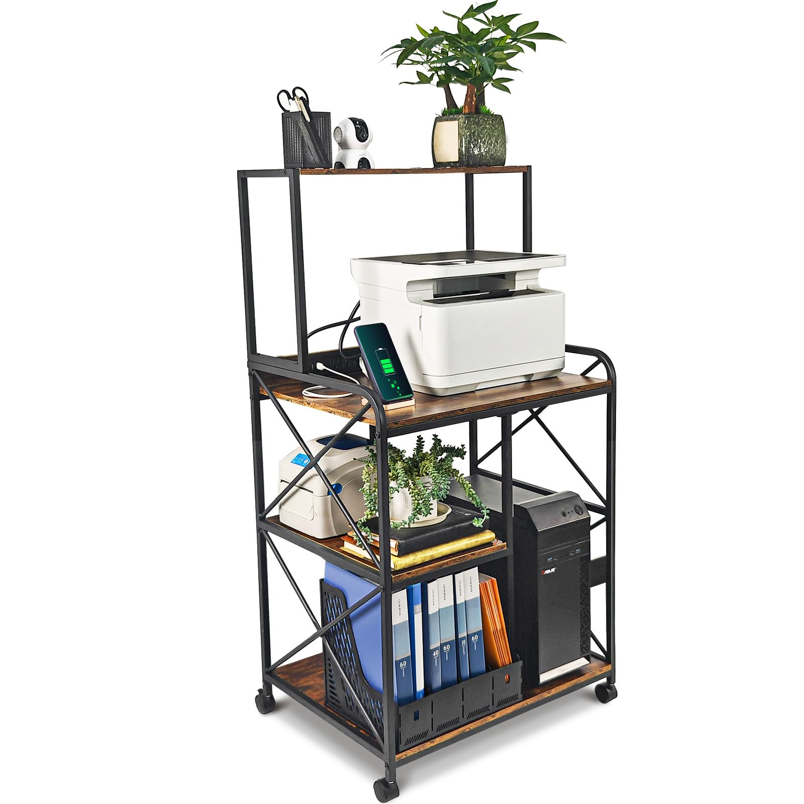 Vintage Brown 4-Tier Printer Stand with Wheels & Storage - 23 x 18 Inch Home Office Printer Cart, Computer Tower Stand | Perfect for Small Spaces & Workspace Organization
