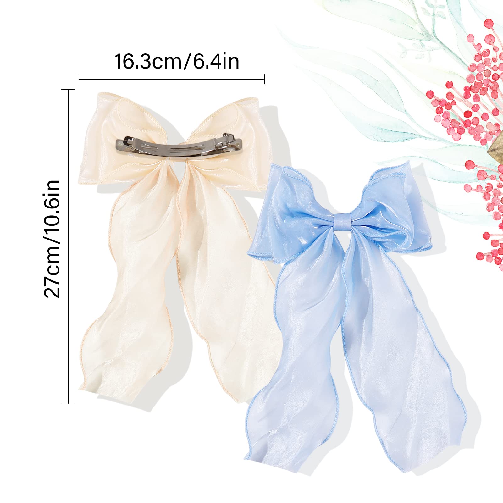 KesaPlan Large Hair Bow Clips for Women & Girls - 2PCS Big Silk Satin Hair Bows with Long Tail Ribbon, French Double Layer Soft Bowknot Hairpins for Teens - Perfect for Weddings, Parties & Everyday Styling