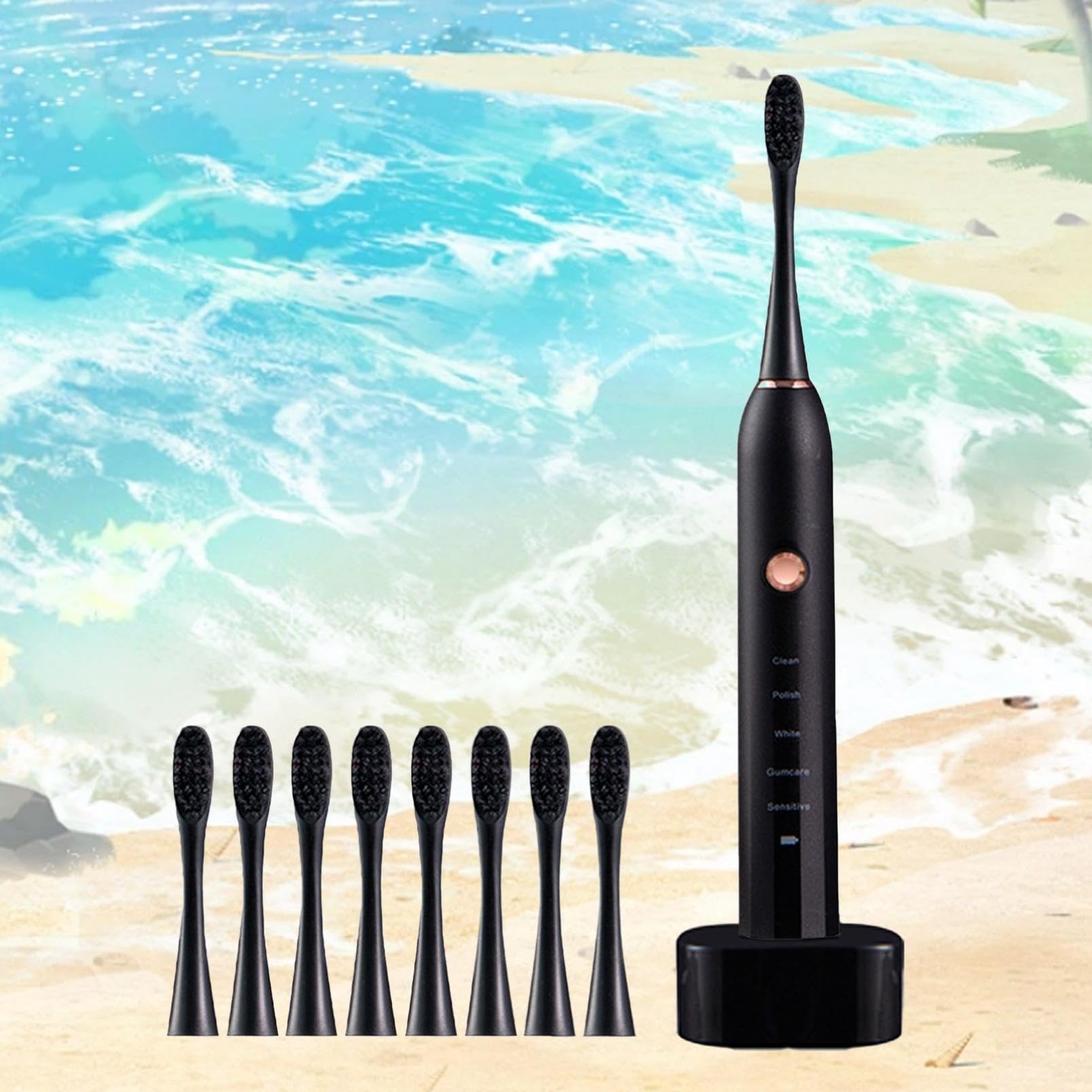 Premium Electric Toothbrush for Adults - 8 Brush Heads, 5 Cleaning Modes, Rechargeable, Smart Timer & Fast Charging Dock (Black) | Deep Cleaning for Sensitive Teeth & Gum Care | Perfect for Travel & Home Use