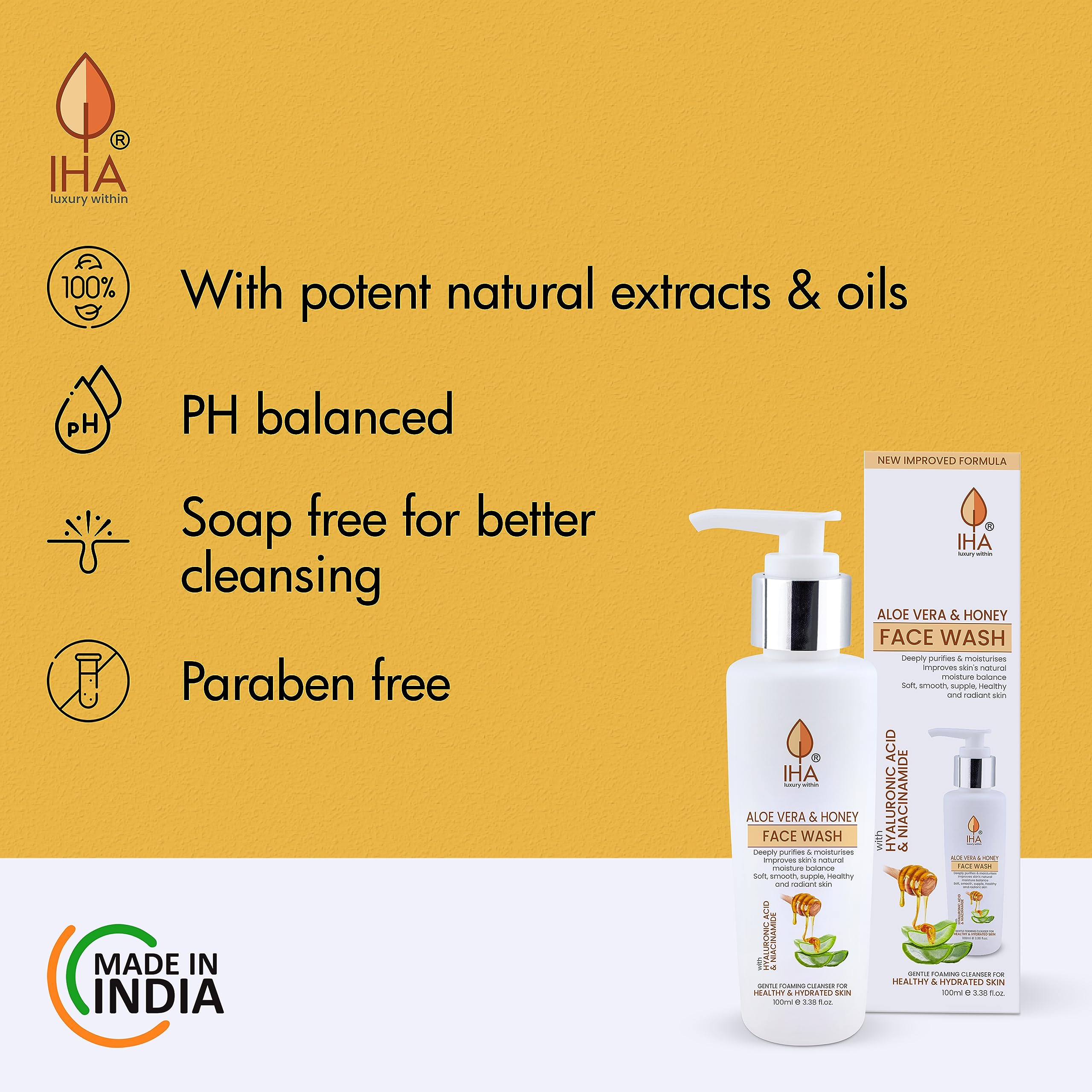 IHA Aloe Vera and Honey Herbal Face Wash - Moisturizing Facial Cleanser with Gotu Kola, Coconut & Cucumber for Hydration - Gentle Face Wash for Men & Women with Normal to Dry Skin (100ml) - Perfect for Daily Skincare Routine & Post-Workout Refreshment