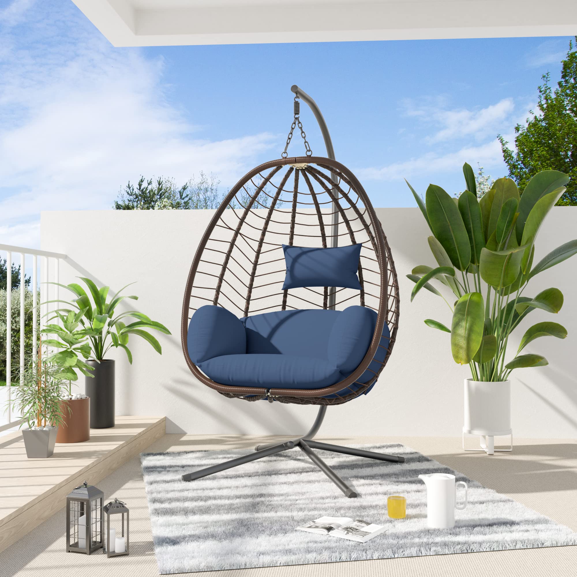 ALAULM Egg Swing Chair - Outdoor Indoor Wicker Rattan Hanging Chair with Stand, 350lbs Capacity, Strong Steel Frame & Dark Blue Cushions - Perfect for Patio, Balcony, Bedroom, Garden Relaxation and Boho Home Decor