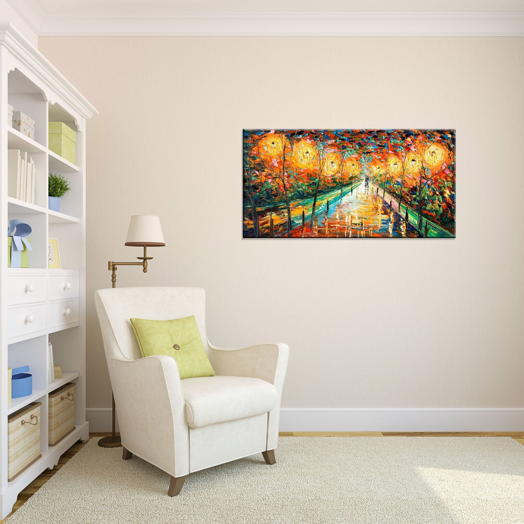 Handmade Extra Large Modern Landscape Oil Painting - Night Street Scene on Canvas - Textured Wall Art for Living Room, Bedroom & Office Decor