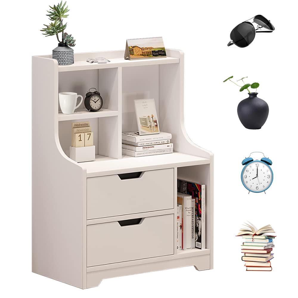 White MDF Bedside Table with Drawer - Multifunctional Storage Nightstand for Bedroom, Living Room & Home Office - Compact Side Table with Cabinet Space for Books, Lamps & Essentials