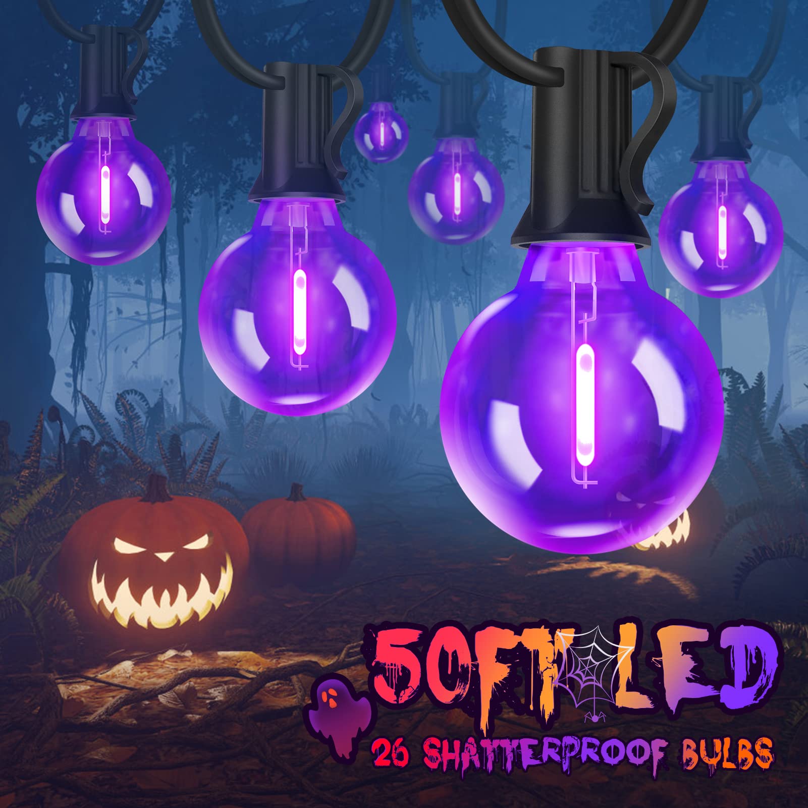 50FT Purple LED G40 Halloween String Lights - 26 Shatterproof Bulbs, UL Listed Outdoor Hanging Lights for Halloween Decorations, Backyard, Porch, Balcony & Party Events - Weatherproof & Durable for Year-Round Use