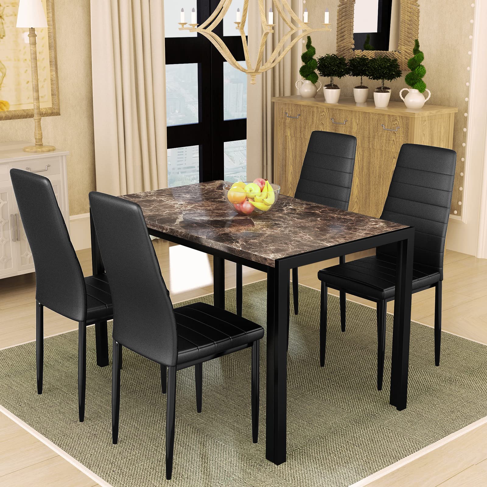 Recaceik 4-Piece Dining Table Set, Faux Marble Table with PU Leather Chairs for Kitchen & Dining Room - Perfect for Small Spaces & Family Meals