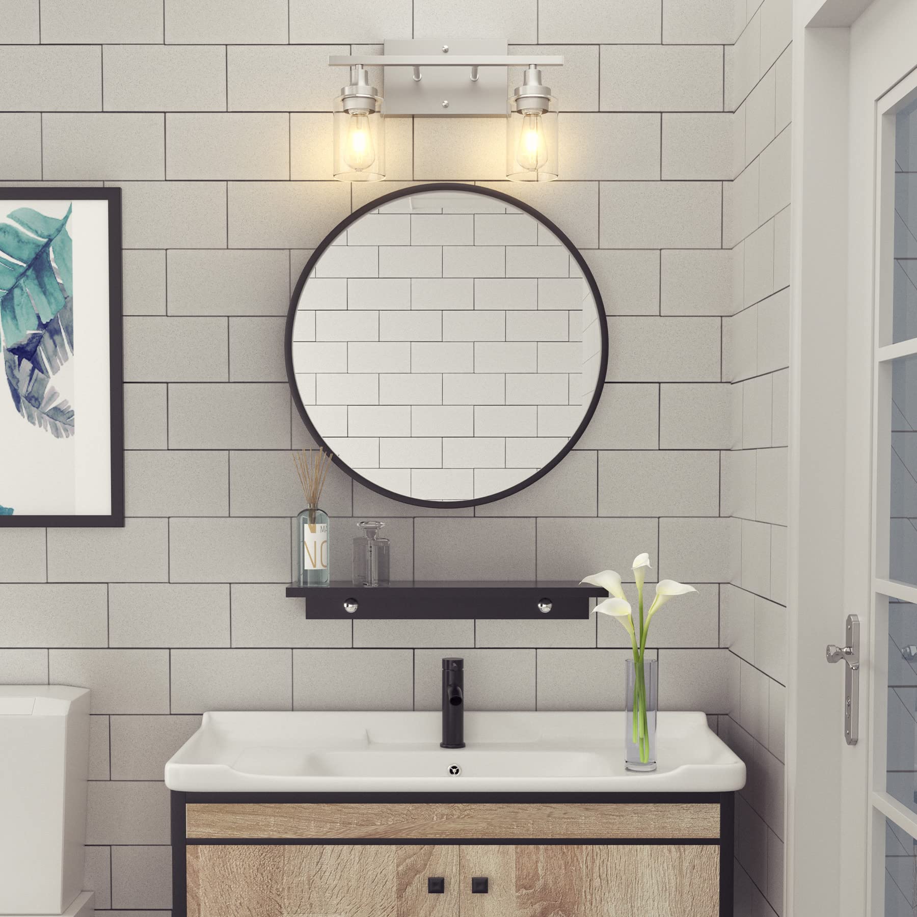 VONLUCE Modern 2-Light Bathroom Vanity Lighting Fixture - Clear Ribbed Glass Shades, Nickel Finish Wall Sconce for Mirror Illumination | Perfect for Bathroom, Powder Room & Dressing Area Makeup Lighting