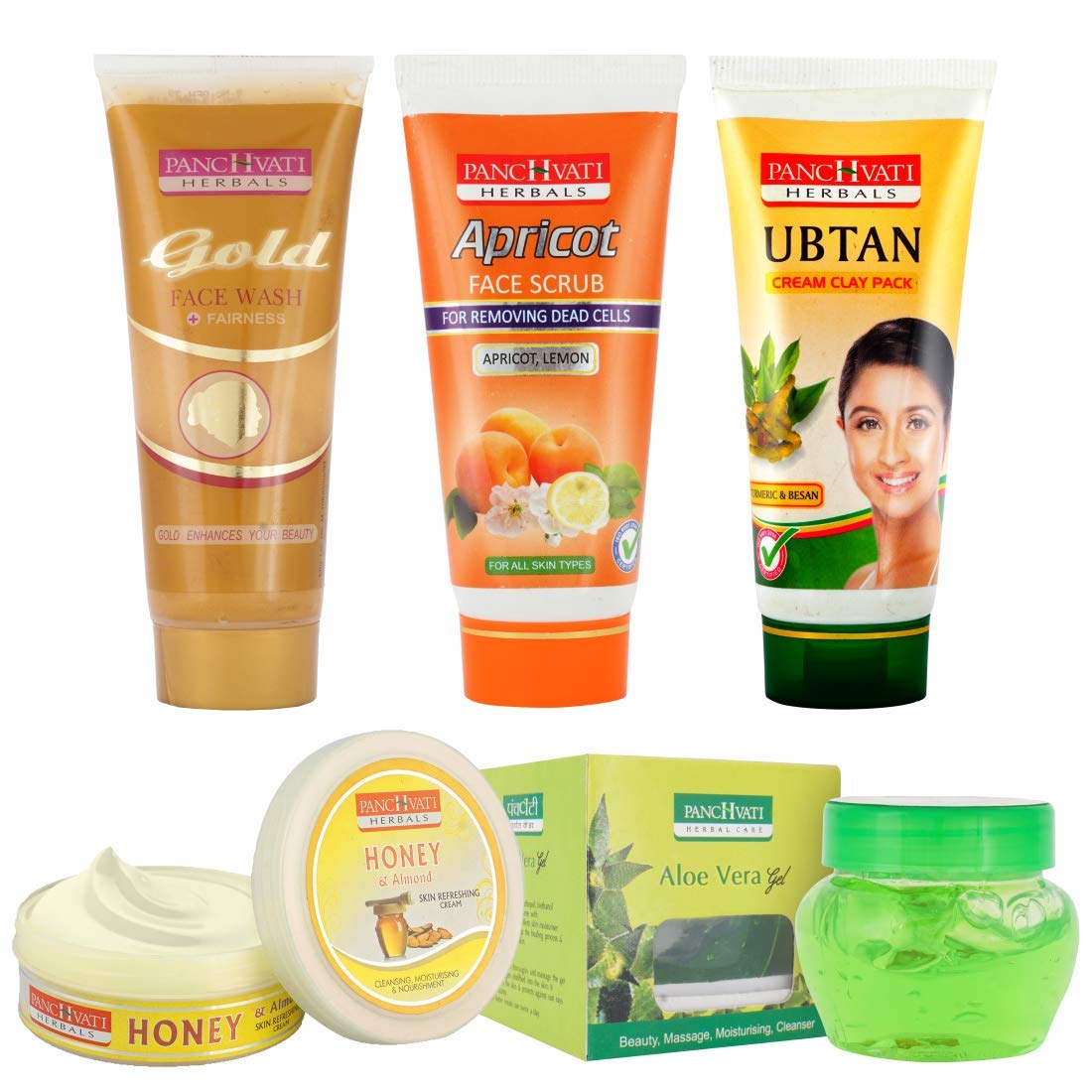 Panchvati Face Wash and Scrub Combo Pack 360g - Gold Face Wash 60ml, Apricot Scrub 60ml, Ubtan Face Pack 60ml, Almond Honey Massage Cream 80g, Aloe Vera Gel 100g - Deep Cleansing, Brightening & Glow Boosting Skincare Set for Daily Beauty Routine