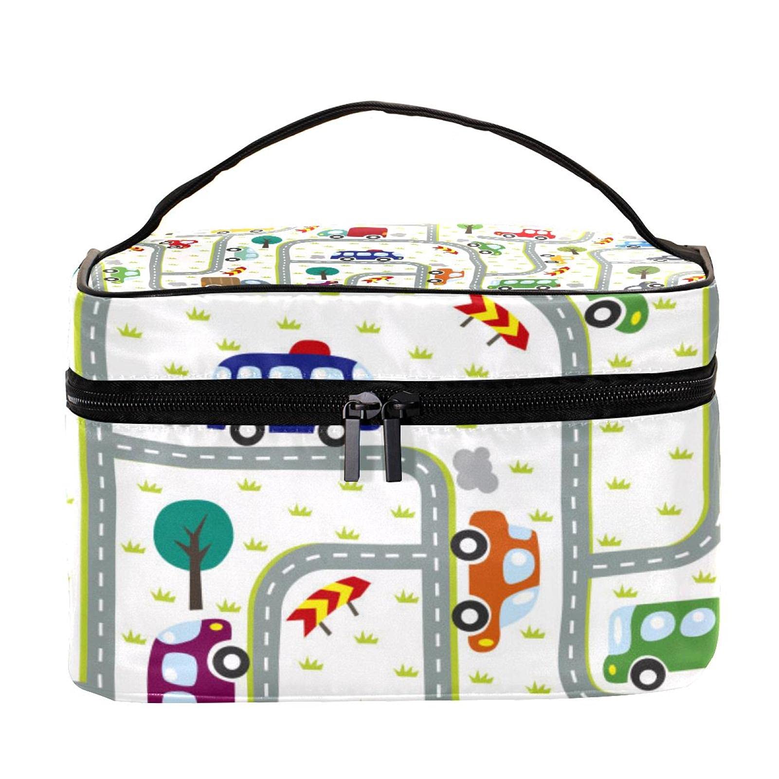 Cartoon Car Trucks and Roads Pattern Large Travel Makeup Bag - Waterproof Cosmetic Organizer Case with Zipper for Women & Girls - Perfect for Travel, Gym, School and Daily Use