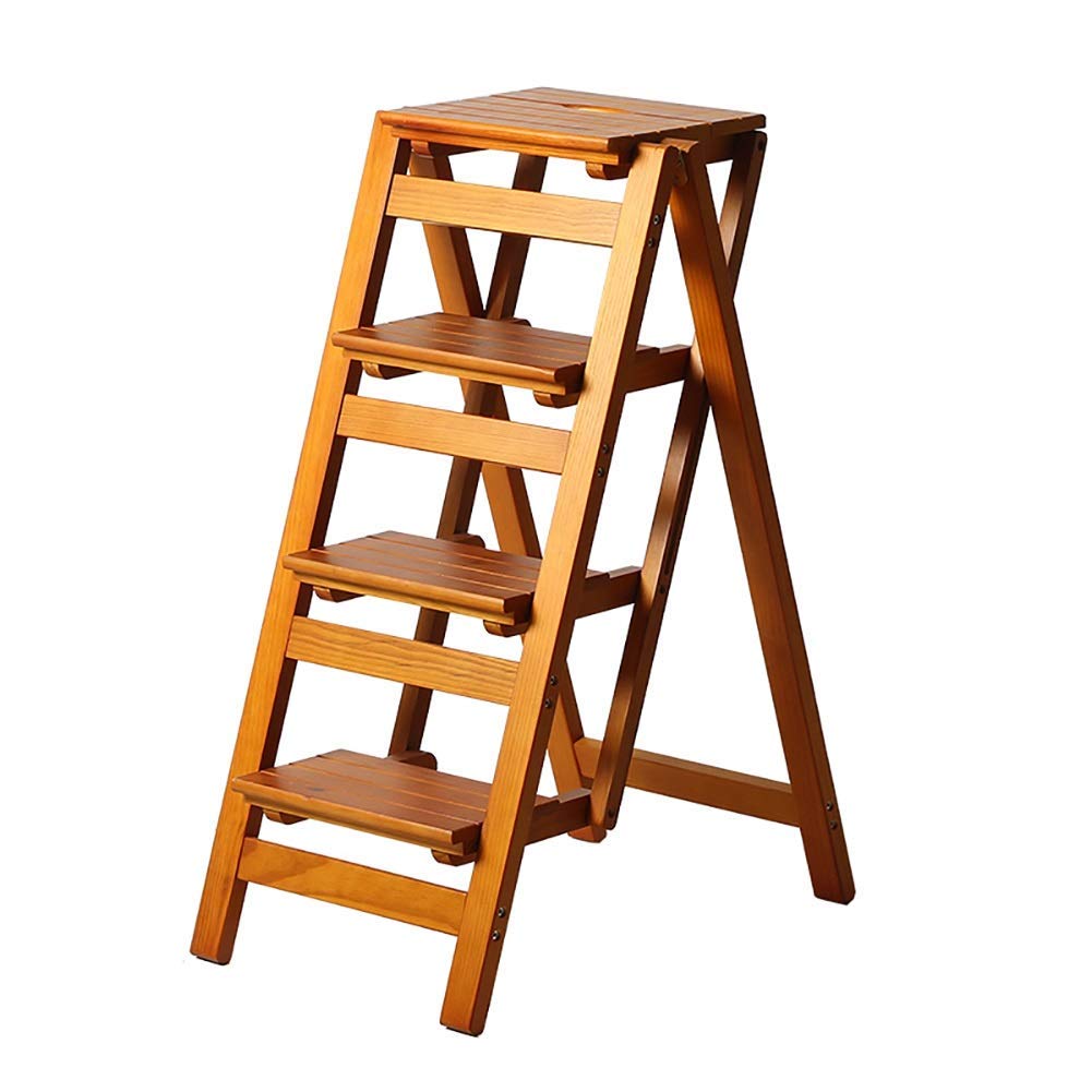 LXB 4-Step Solid Wood Folding Step Stool for Adults - Non-Slip Pedal, Multi-Functional Home Ladder (Brown) - Perfect for Kitchen, Bathroom, Garage & Storage Access