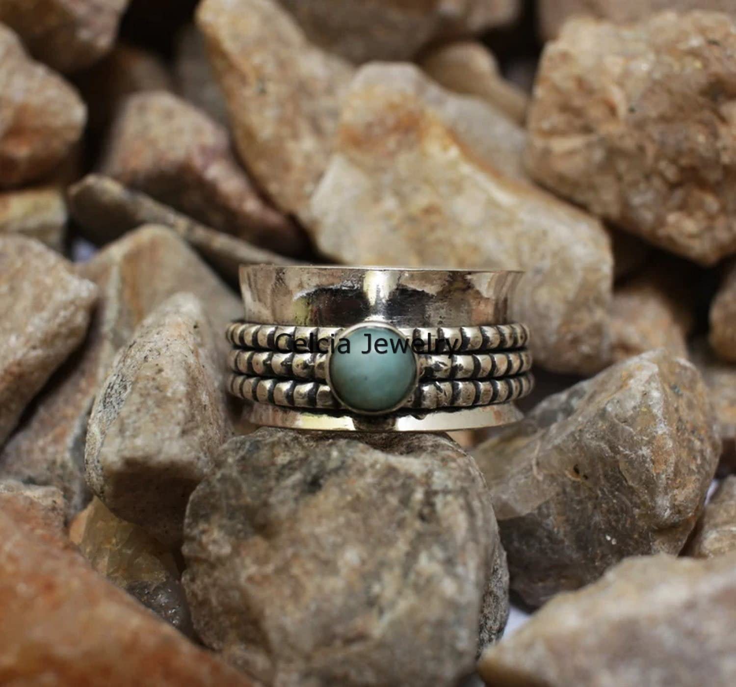 Larimar Gemstone Silver Spinner Ring - Handmade Fidget Anxiety Relief Ring for Stress & Meditation - Unique Spinning Jewelry Gift for Women & Men (Size 7) - Perfect for Office, Travel & Mindfulness Practice