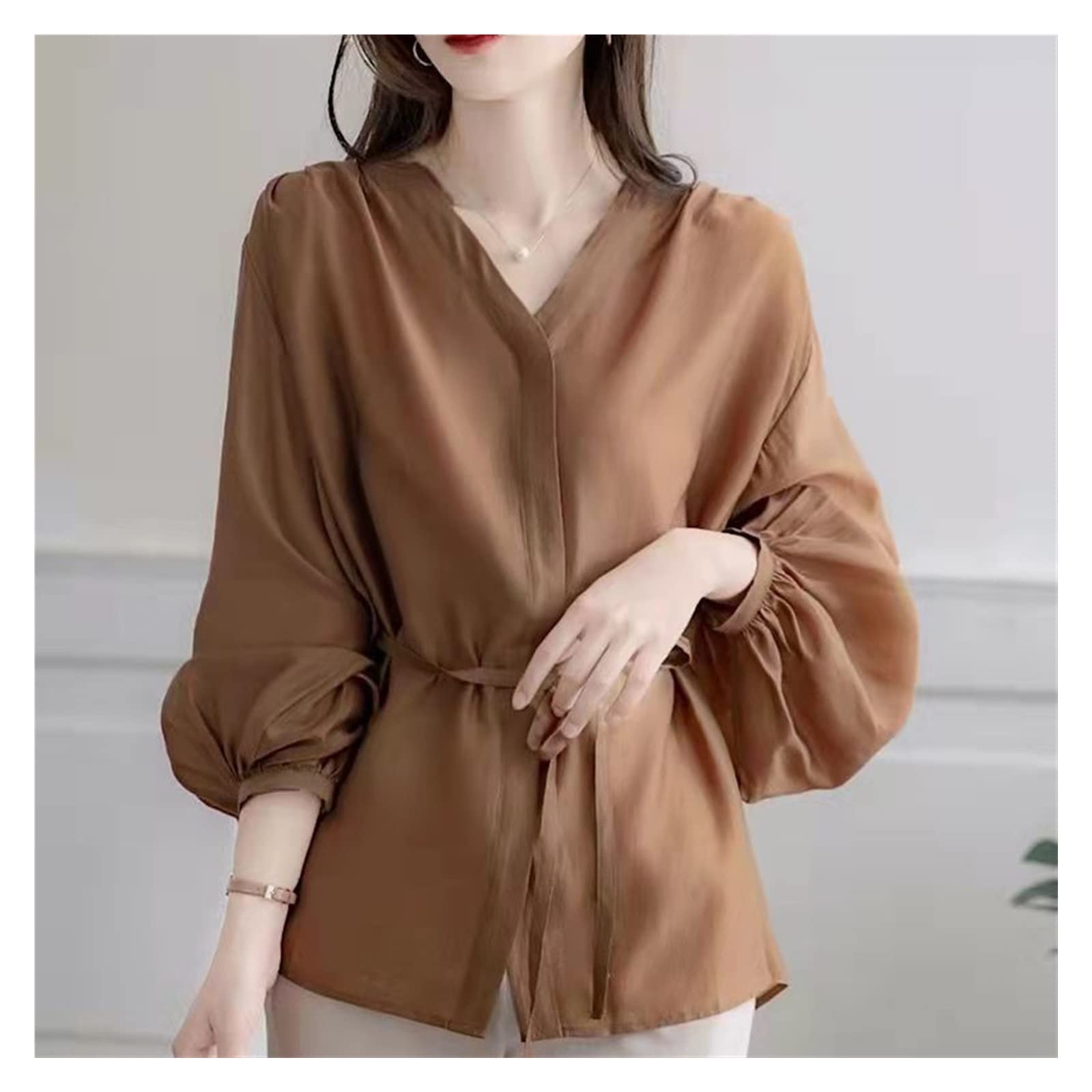 Elegant Women's V-Neck Asymmetrical Lantern Sleeve Chiffon Blouse - Oversized Loose Fit Button Down Shirt for Work, Commute & Casual Wear (Color: A, Size: XL)