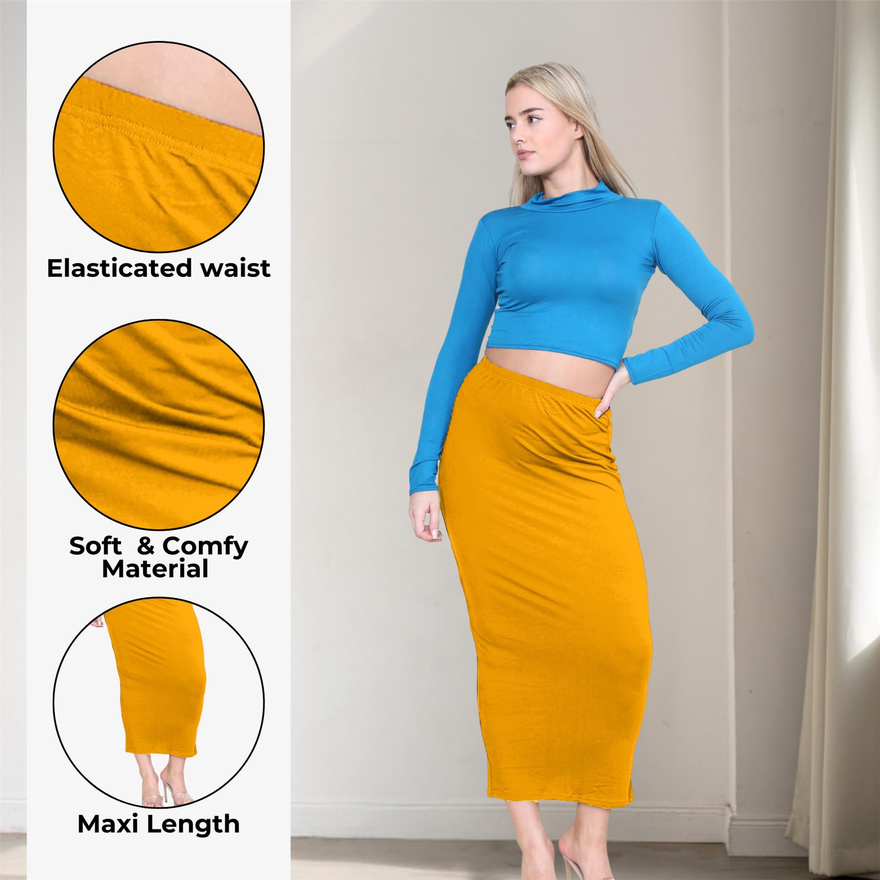 Janisramone Women's Bodycon Tube Maxi Skirt - Stretchy Elastic Waist Jersey Pencil Skirt in Mustard | Soft Summer Midi Skirt for Casual Wear, Office & Date Night Outfits