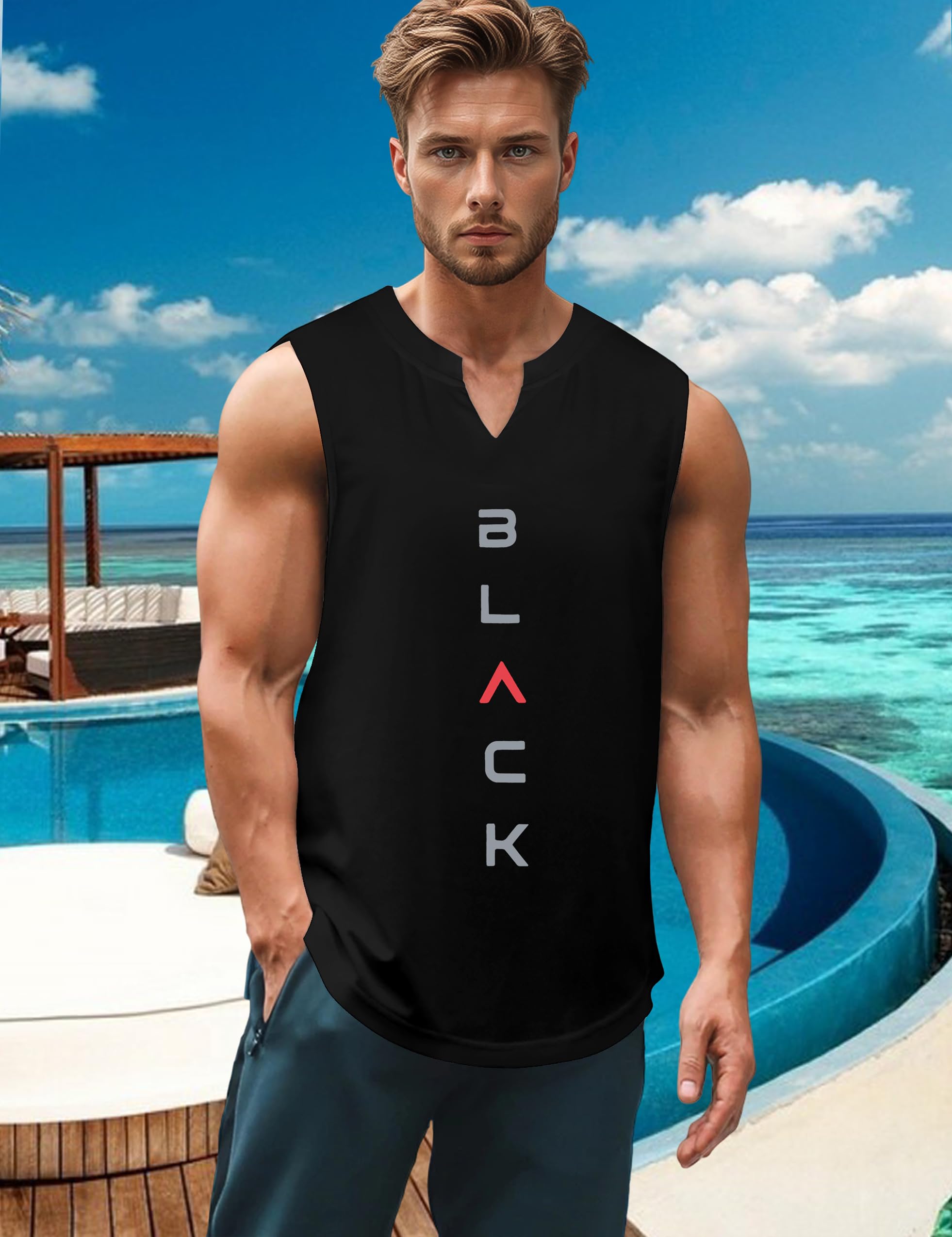 Men's Graphic Print Sleeveless V-Neck Tank Top - Workout & Muscle Shirt for Gym, Running, Summer Outfits