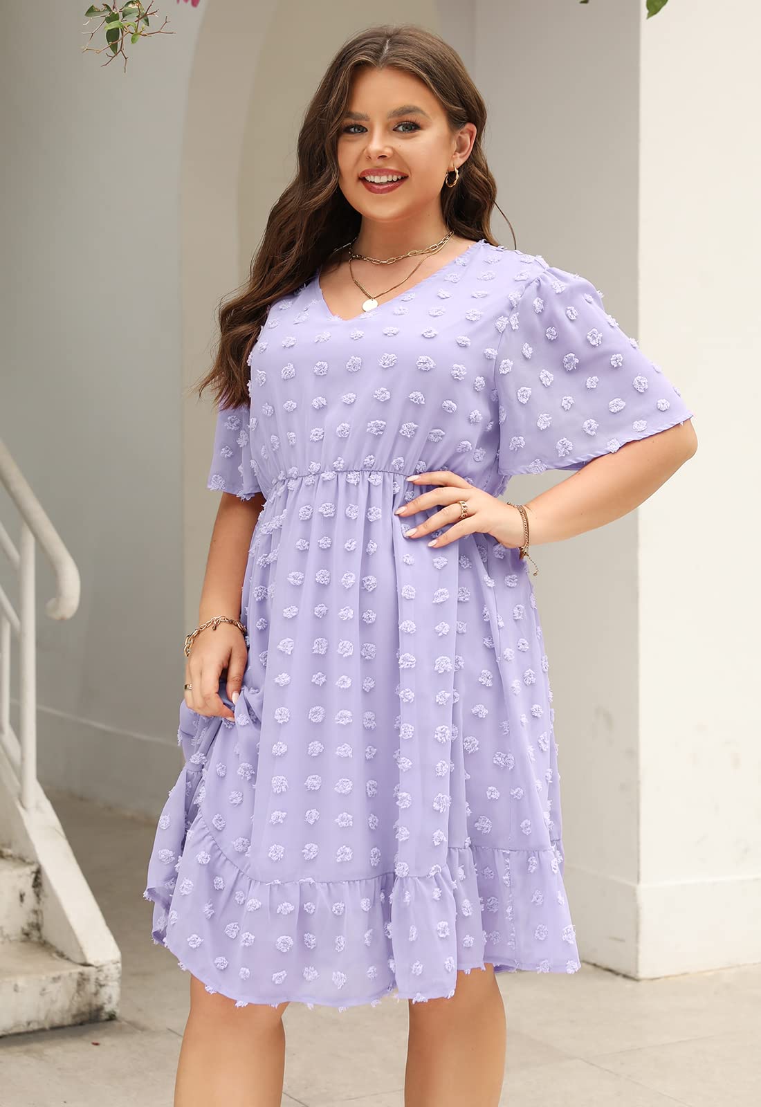 Keluummi Plus Size Wedding Guest Casual Dresses for Curvy Women - Summer Swiss Dot Chiffon Midi A-Line Cocktail Dress | Perfect for Bridal Showers, Garden Parties & Formal Events