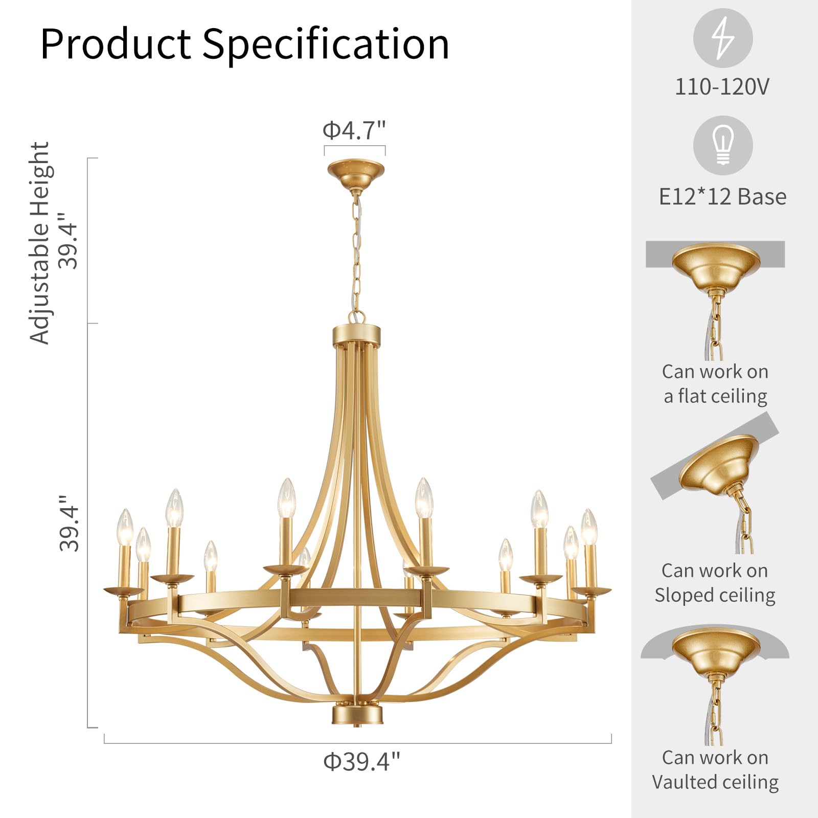 WUZUPS 12-Light Wagon Wheel Metal Candle Chandelier - 39.4