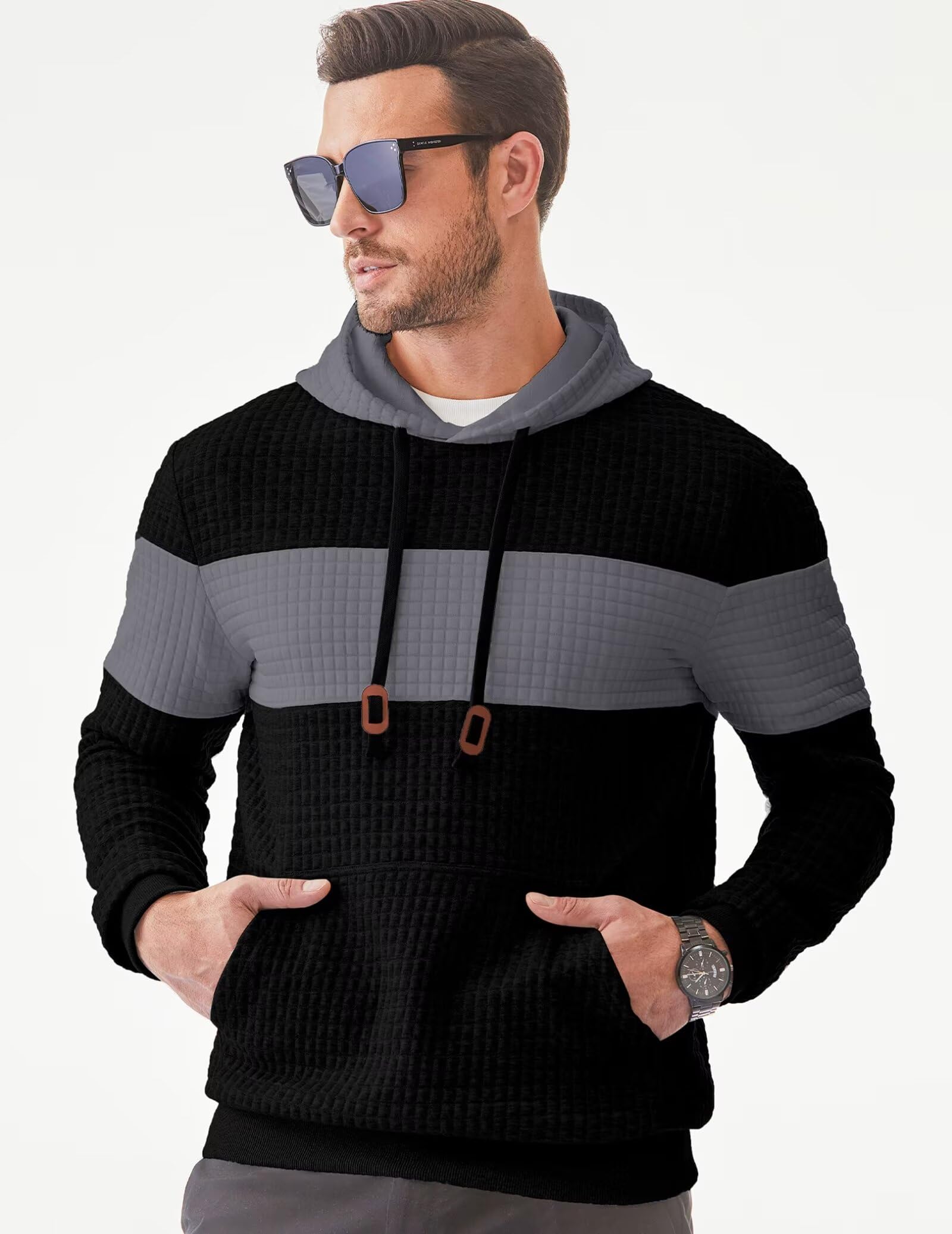 JMIERR Men's Waffle Knit Hoodie with Kangaroo Pocket - Casual Long Sleeve Pullover Sweatshirt for Outdoor Activities, Hiking & Streetwear Fashion