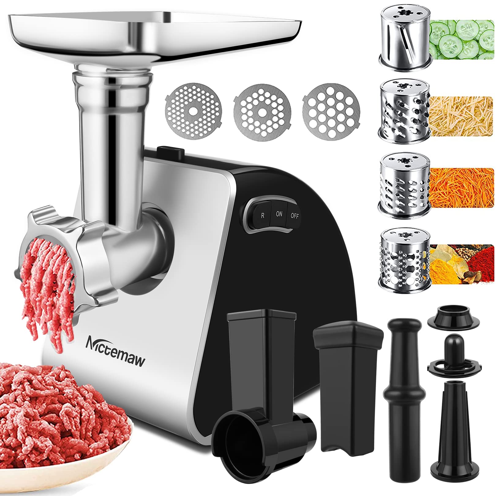 Nictemaw 9-IN-1 Electric Meat Grinder & Food Processor with Sausage Stuffer, Salad Maker, 4 Stainless Steel Blades - 2000W Heavy Duty Kitchen Appliance for Home Cooking, Meal Prep & BBQ Parties