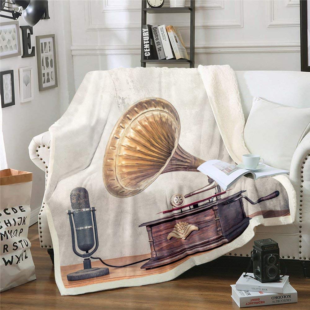 Vintage Horn Throw Blanket with Microphone & Phonograph Print - Soft Flannel Fleece Blanket for Kids, Couch & Sofa - Lightweight Fuzzy Blanket for Baby (30