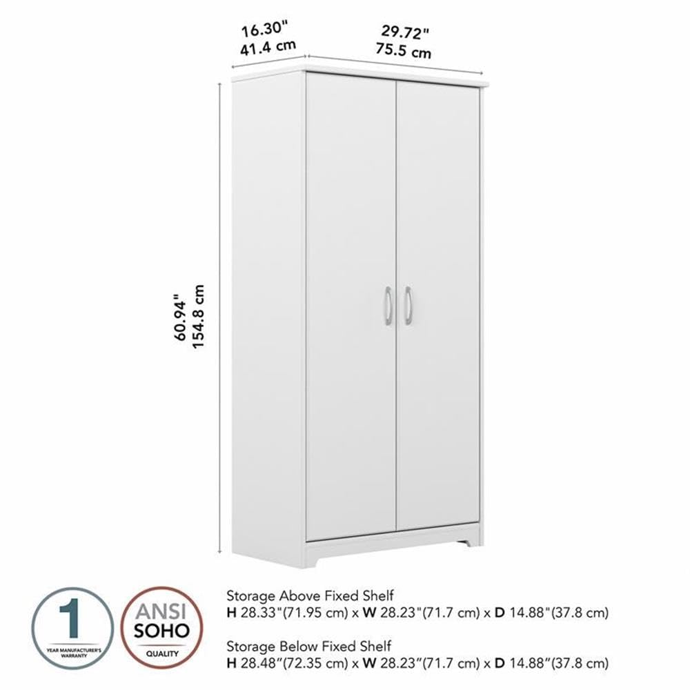 Bush Furniture Cabot Tall Kitchen Pantry Cabinet with Doors, White - Freestanding Storage Organizer for Kitchen, Dining Room, or Pantry - Perfect for Storing Food, Dishes, and Small Appliances