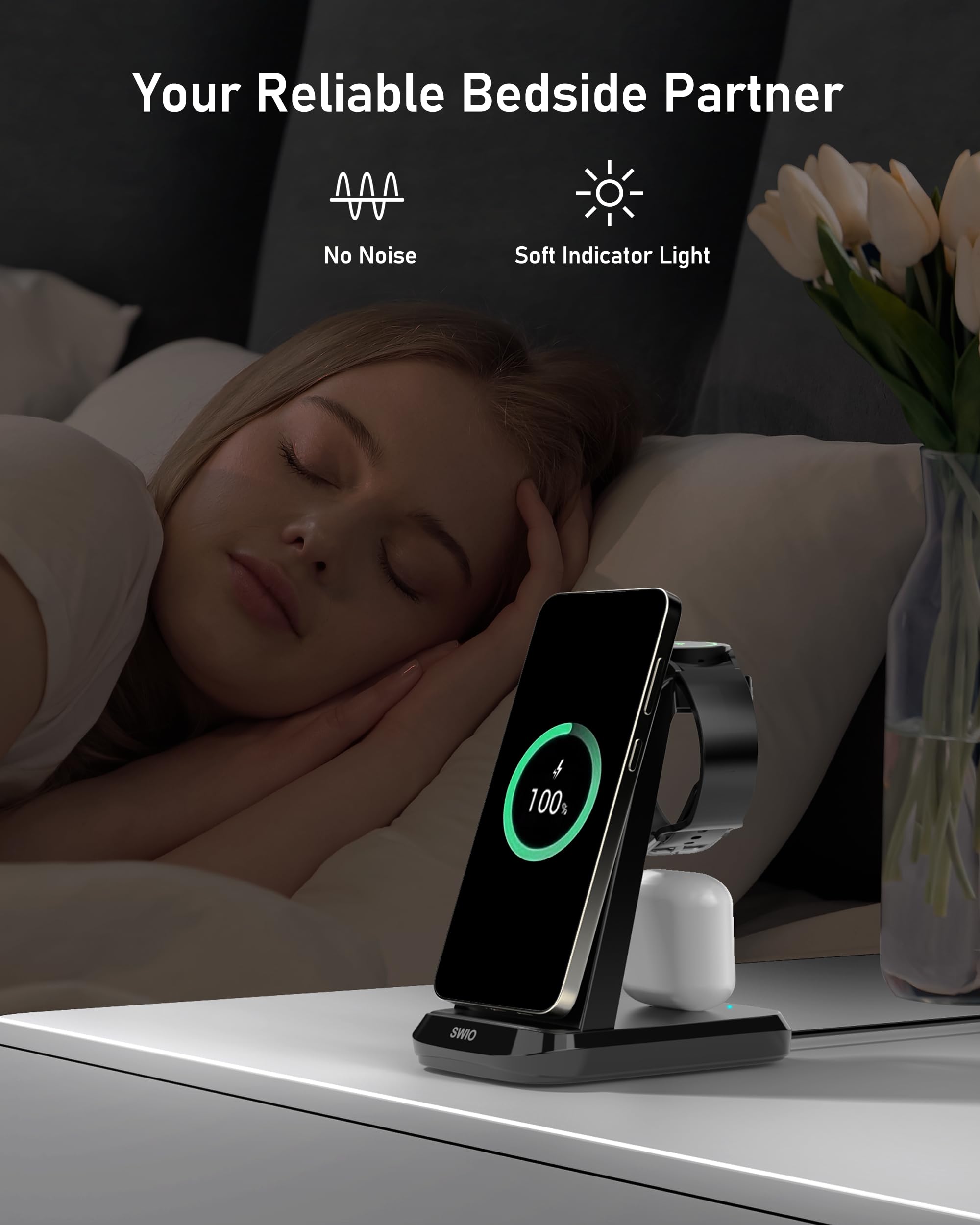 SWIO 3-in-1 Wireless Charging Station for Samsung Galaxy S24/S23/S22/S21/S20, Note 20/10, Z Fold 4/3, Watch 7/Ultra/6/5/4/3 & Buds 2/Pro - Fast Charging Pad for Home, Office & Travel (Not Compatible with Z Flip & A Series)