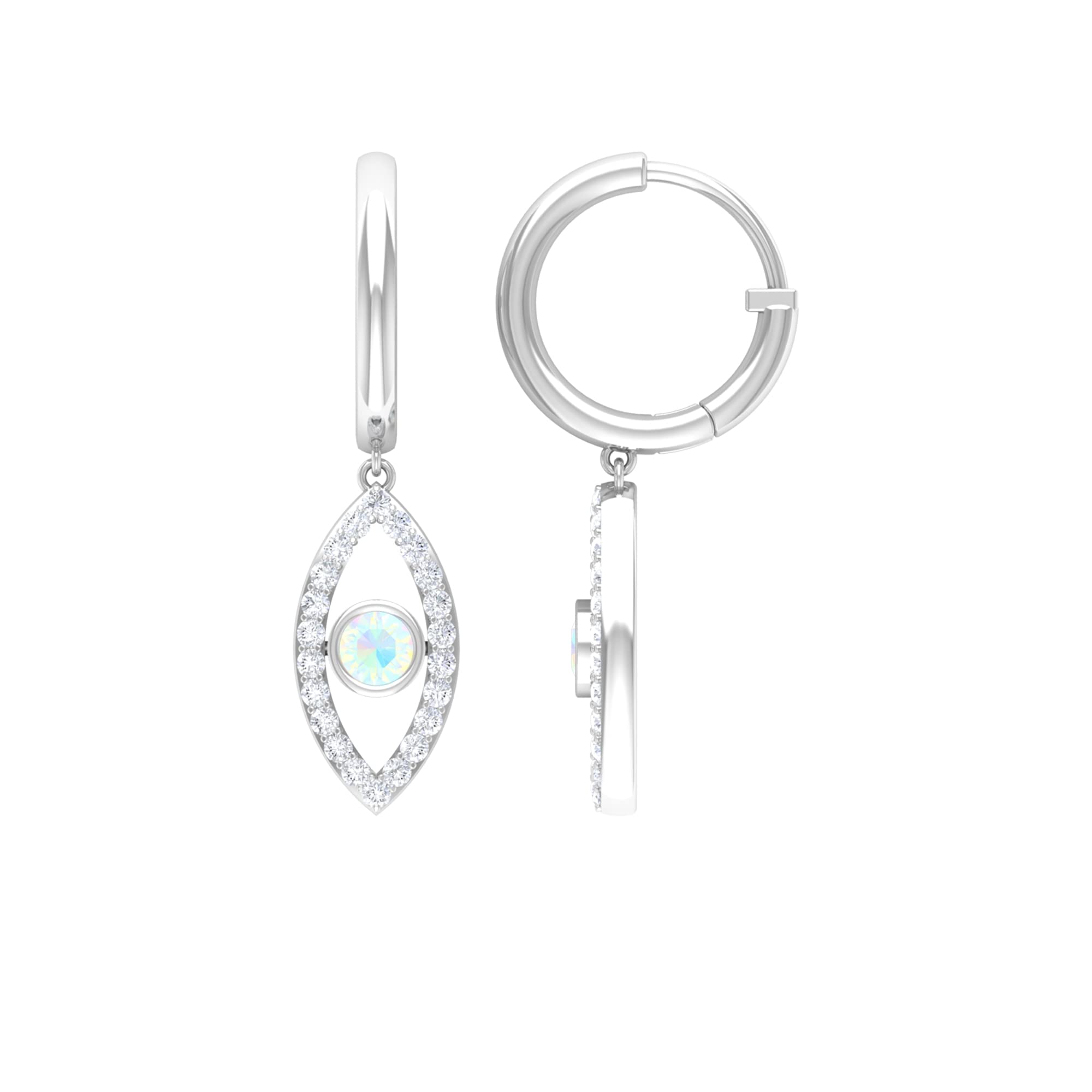 1/2 CT Ethiopian Opal Hoop Earrings - 14K Solid Gold Diamond Drop Earrings with Evil Eye Charm | Elegant Hinged Hoops for Women, Perfect for Weddings, Parties & Everyday Wear