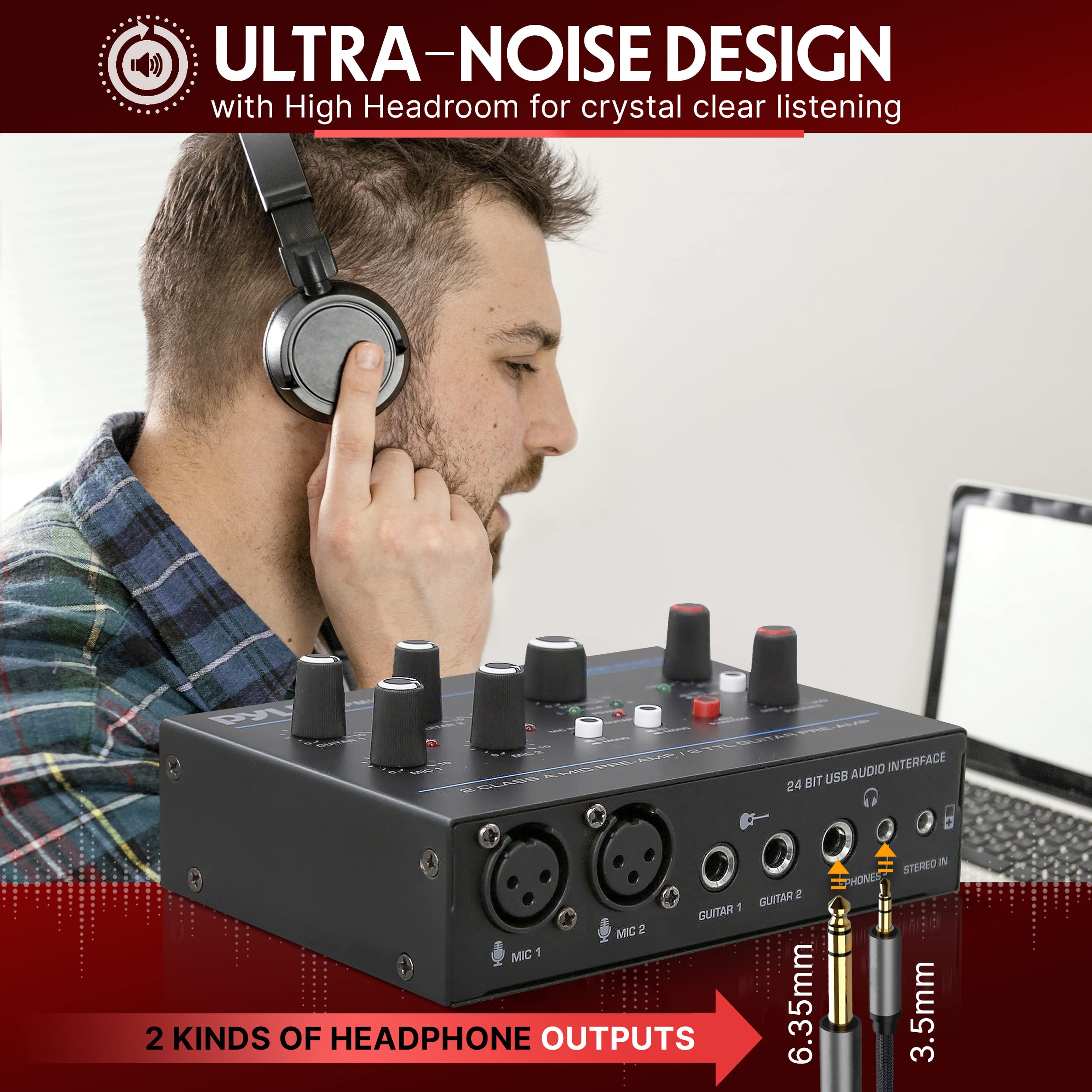 Pyle Professional USB Audio Interface with MIC, Guitar, AUX Stereo Inputs, Phone/Monitor Outputs - Compact Metal Housing for Computer Recording, Podcasting & Live Streaming (Model PMUX6) | Perfect for Home Studios, Musicians & Content Creators