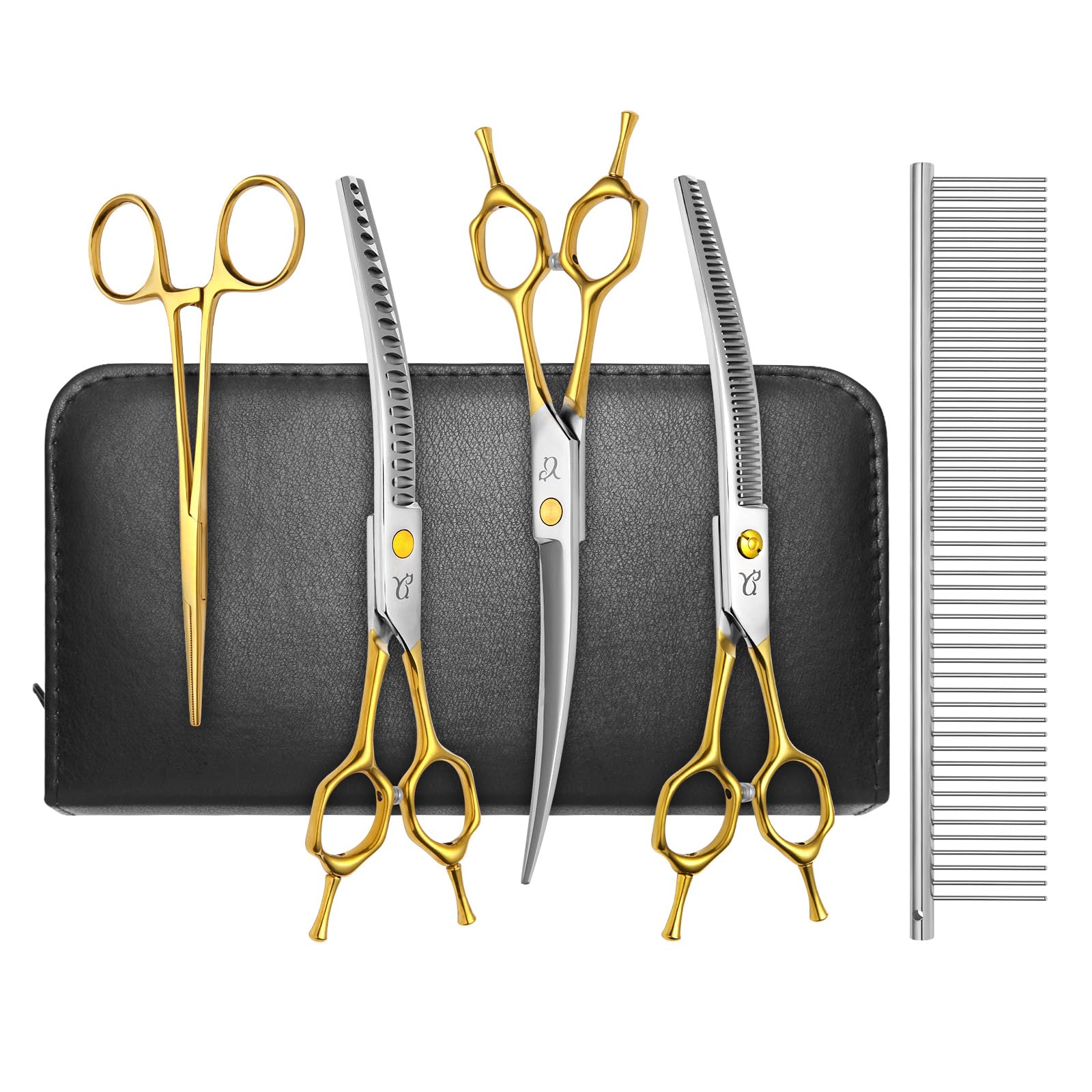 Professional Dog Grooming Scissors Set - 4 in 1 Curved & Thinning Shears with Safety Round Tips for Safe & Precise Pet Hair Cutting - Perfect for Home Grooming, Professional Styling & Dog Show Preparation
