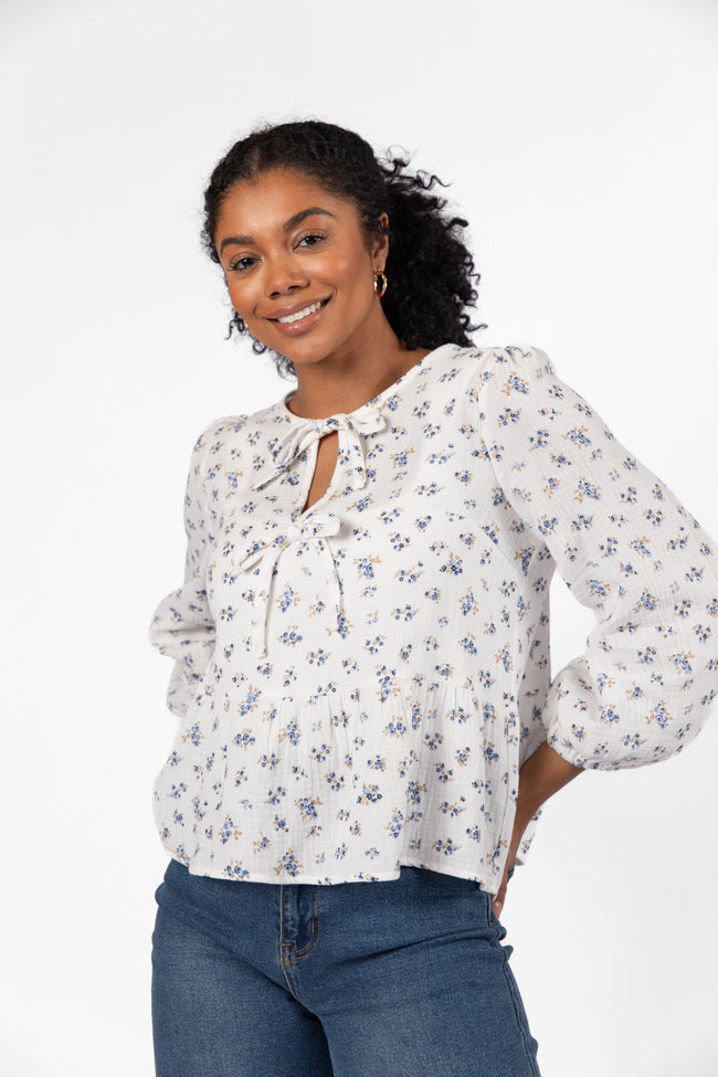 Elegant Ivory & Blue Bow Detail Floral Blouse for Women | Romantic Spring Summer Top | Perfect for Date Night, Office Wear & Special Occasions