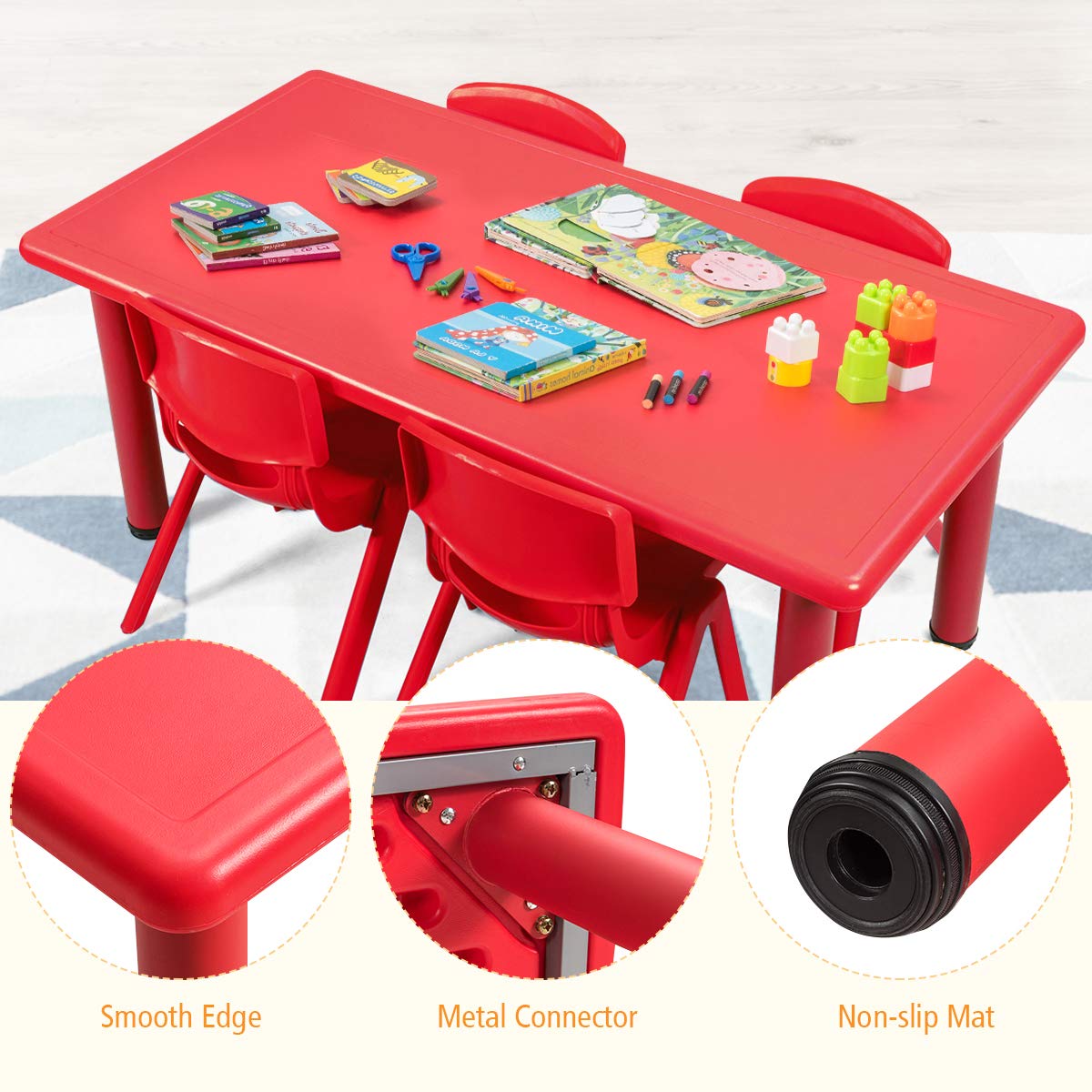 Rectangular Kids Activity Table - Portable Plastic Play Table with Foot Mats for Boys & Girls - Children's Furniture for School, Home, Reading & Dining - Ideal for Playrooms, Classrooms & Daycares (Red)