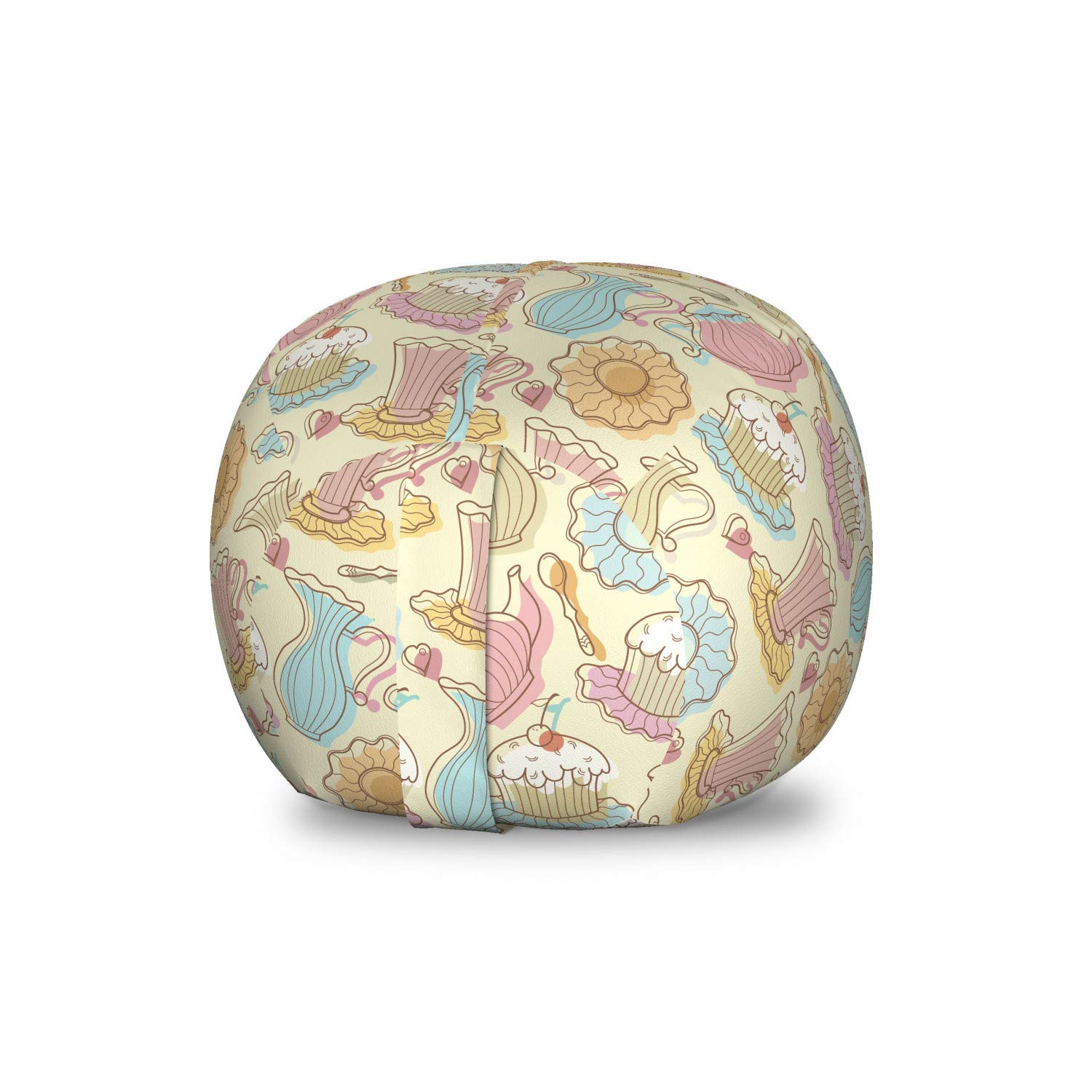 Ambesonne Tea Party Toy Storage Bag Chair - Hand-Painted Traditional Cake with Frosting & Dishes on Heart Pattern - Washable Stuffed Animal Organizer for Kids Room, Nursery, Playroom - Small Multicolor Storage Solution