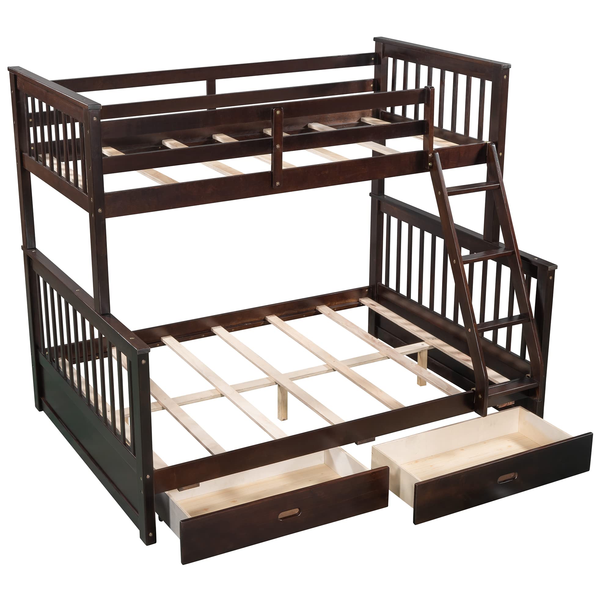 Solid Wood Twin Over Full Bunk Bed with 2 Storage Drawers - Sturdy Bunk Bed Frame with Guardrails & Ladder for Kids, Teens & Adults - No Box Spring Needed (Espresso) - Perfect for Small Rooms, Guest Rooms & Vacation Homes