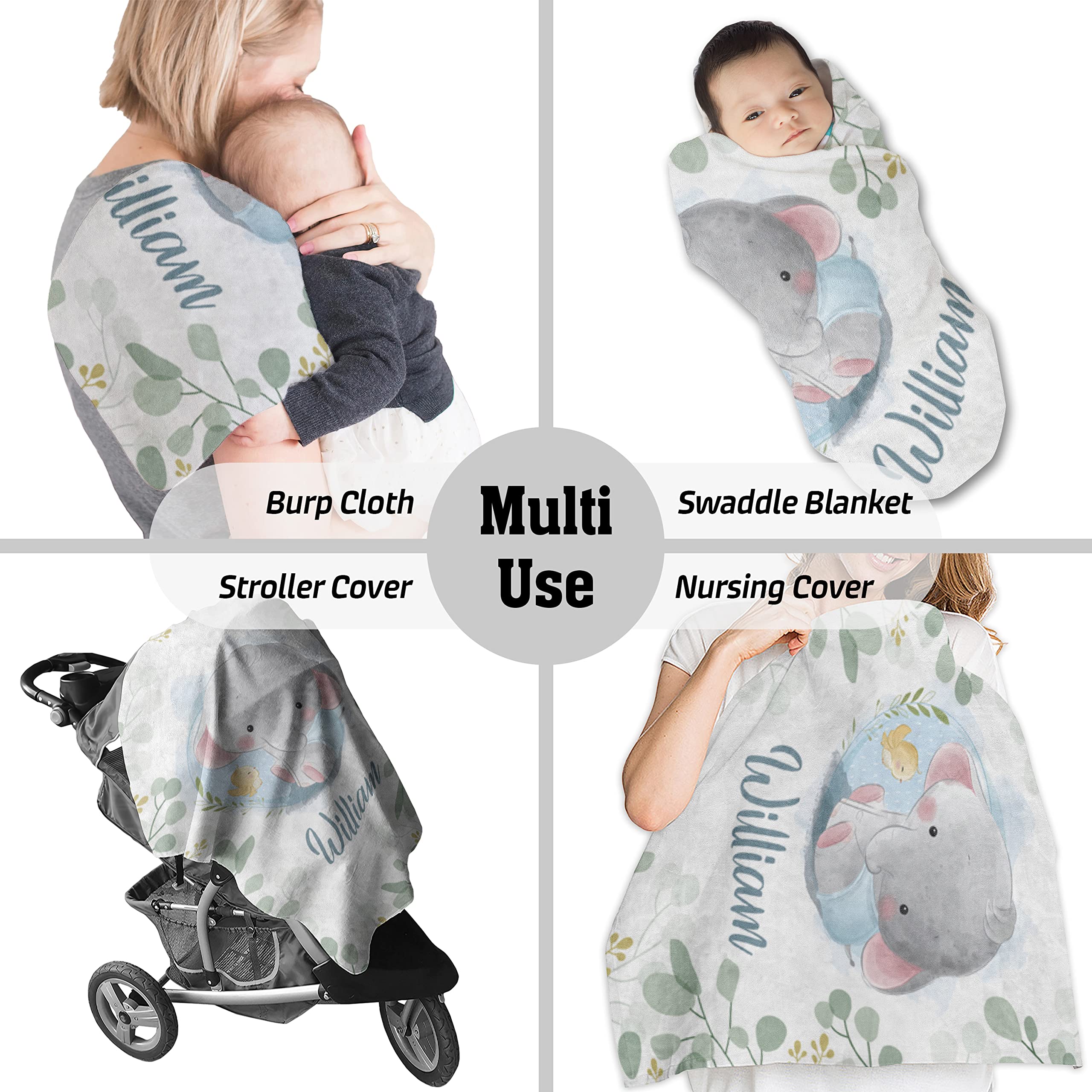 Custom Personalized Baby Boy Elephant Blanket with Name - 30x40 Inch Soft Fleece Swaddle Blanket for Newborns | Nursery Decor, Baby Shower Gift, Christening Present